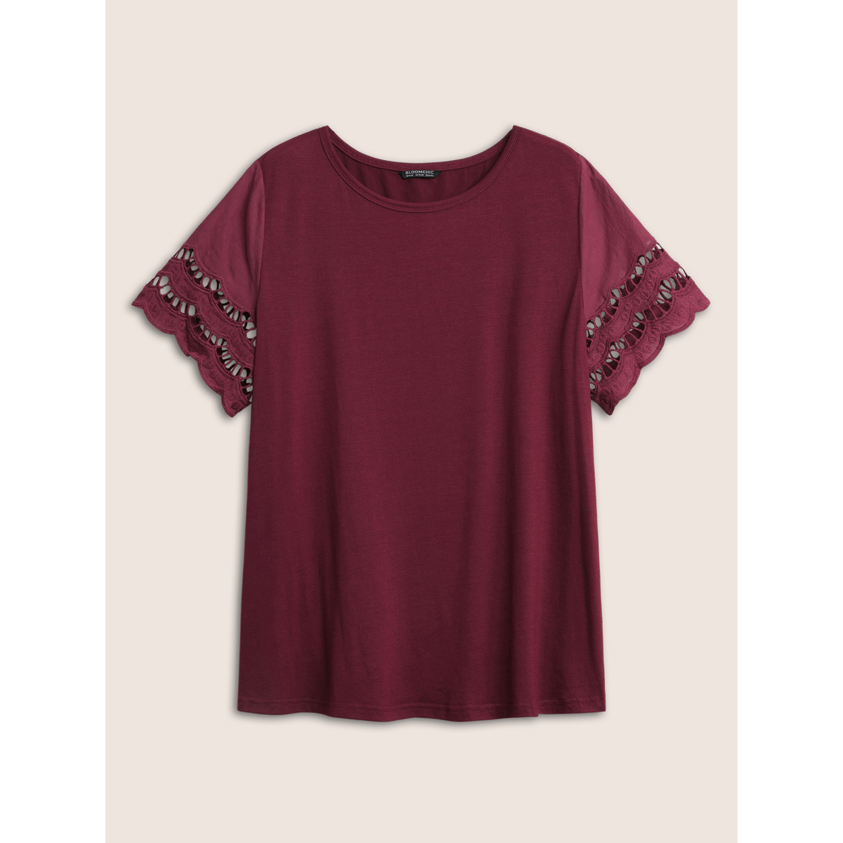 

Plus Size Patchwork Broderie Anglaise Scalloped Trim T-shirt Burgundy Women Elegant Non Plain Round Neck Everyday T-shirts BloomChic