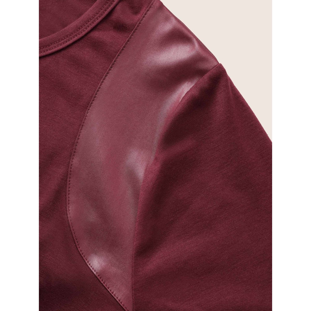 

Plus Size Crew Neck Plain PU Leather T-shirt Burgundy Women Casual Patchwork Plain Round Neck Everyday T-shirts BloomChic