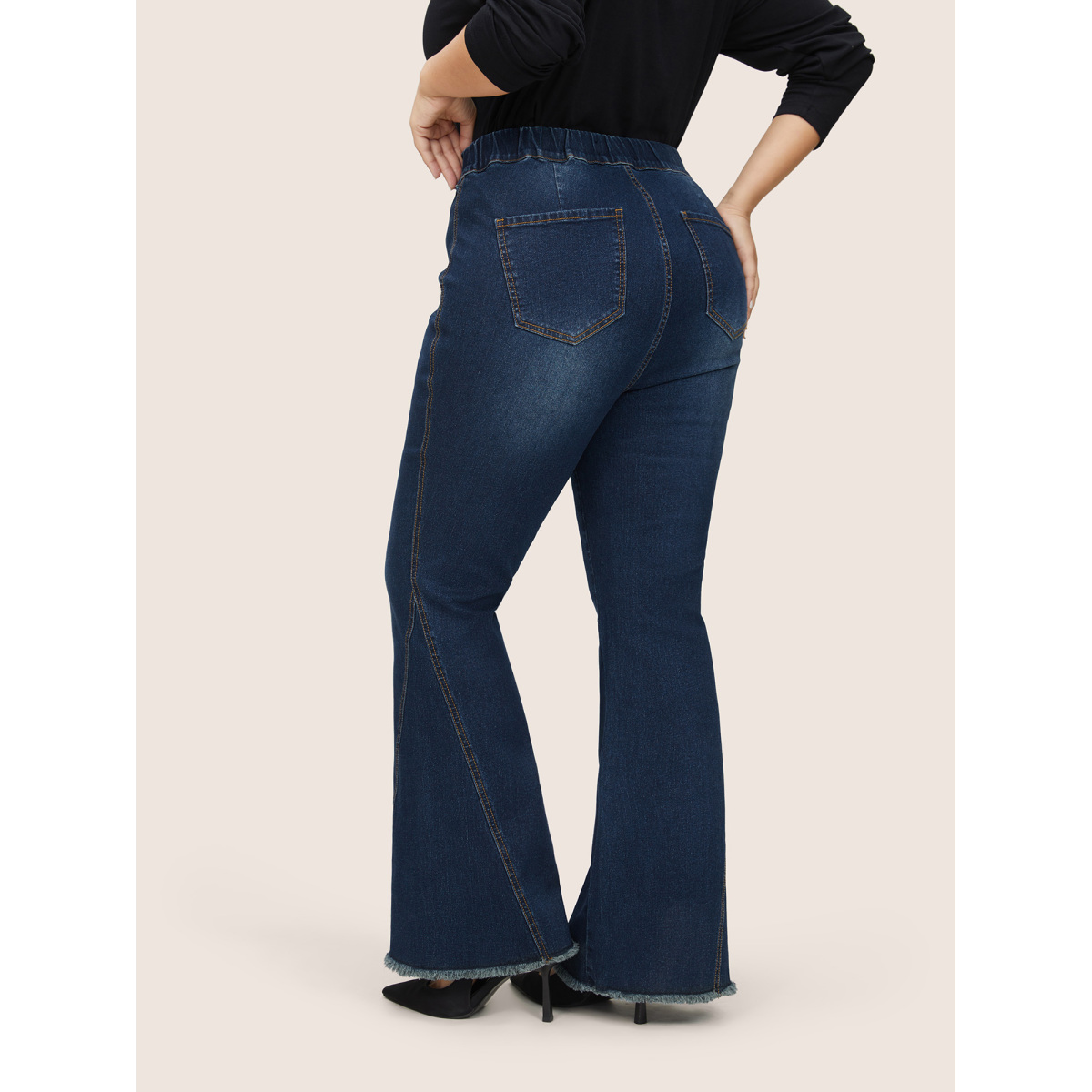 

Plus Size Elastic Waist Flare Leg Frayed Hem Jeans Women Indigo Casual Plain Non High stretch Jeans BloomChic