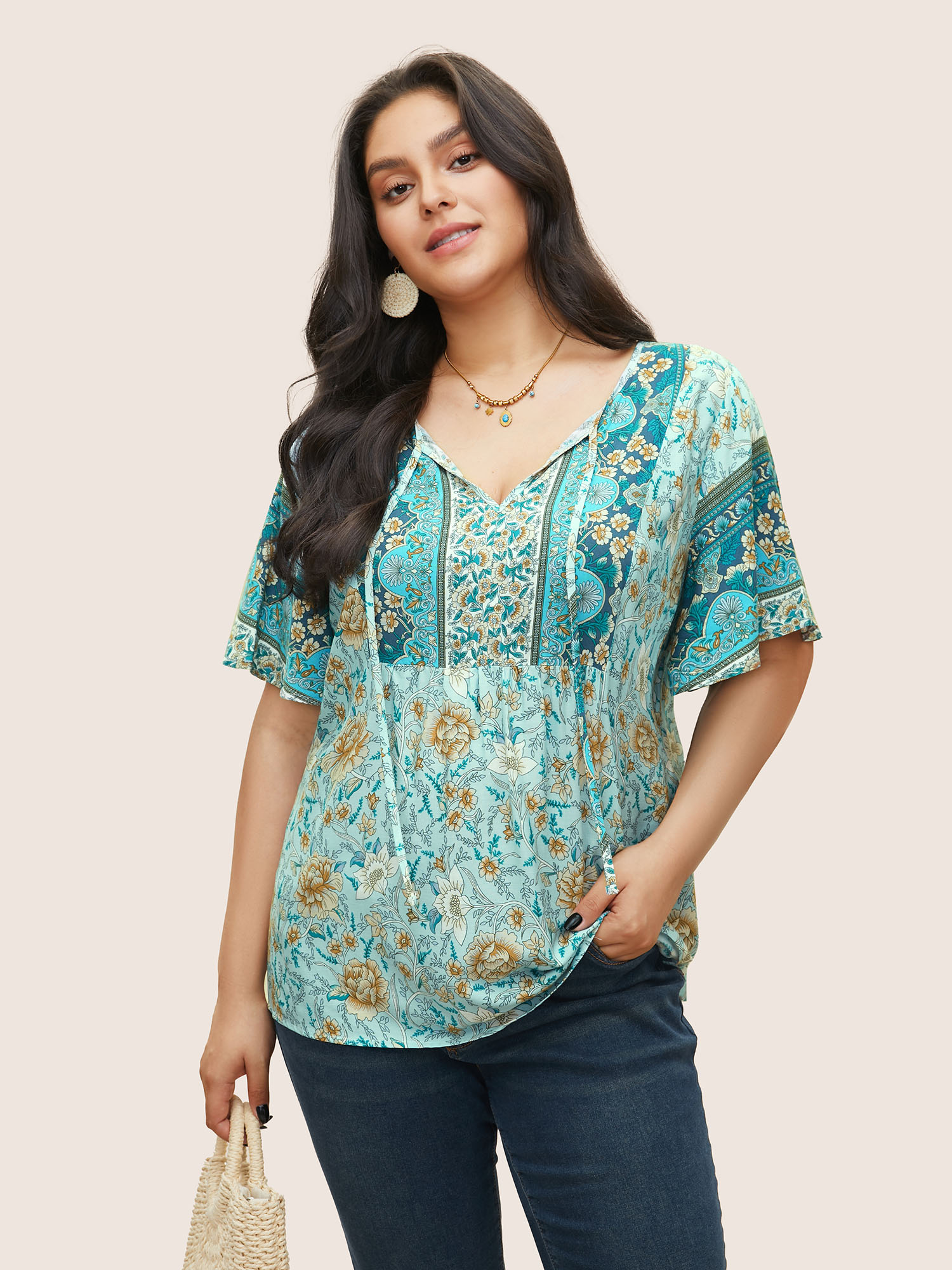 

Plus Size Cerulean Boho Print Tie Neck Gathered Blouse Women Resort Notched collar Vacation Blouses BloomChic