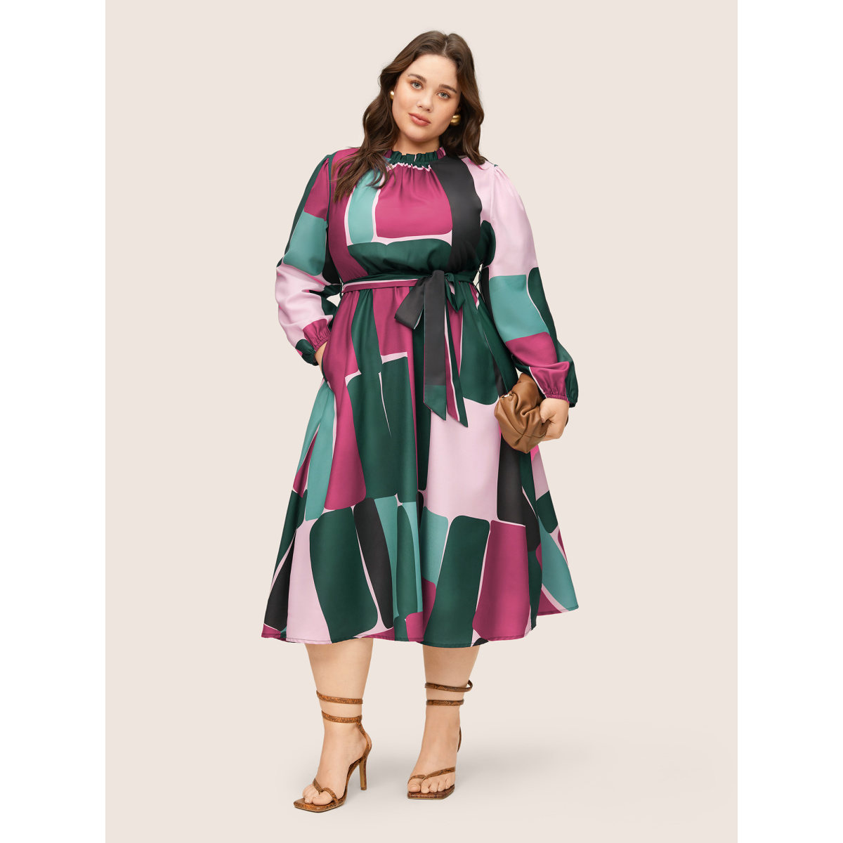 

Plus Size Colorblock Contrast Gathered Frill Trim Belted Dress RedViolet Women Non Curvy Midi Dress BloomChic