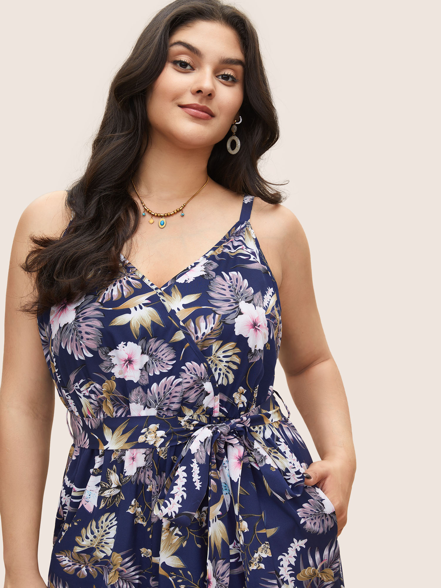 

Vacation Floral Rouge Ties Sleeveless Plus Size Camisole Jumpsuits Women Holiday Vacation Spaghetti Strap Pocket Belt Dailywear Jumpsuits BloomChic, Darkblue