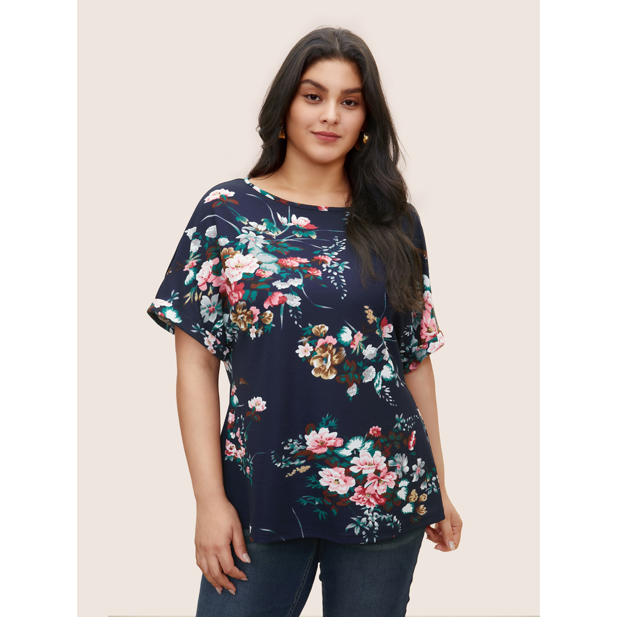 

Plus Size Floral Print Crew Neck Cuffed Sleeve T-shirt Midnight Women Casual Non Floral Round Neck Everyday T-shirts BloomChic