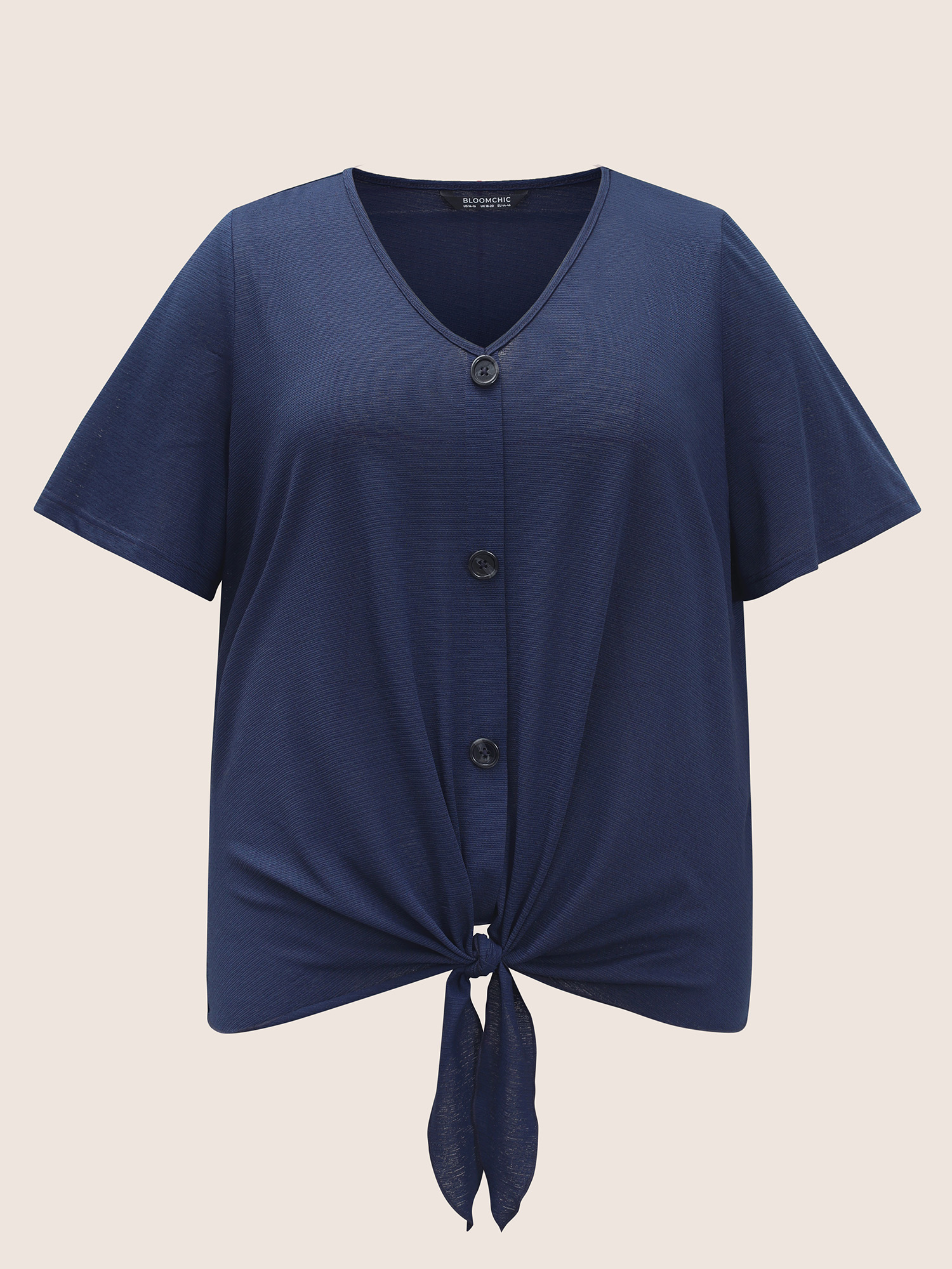 

Plus Size Plain Twist Front Button Detail T-shirt Midnight Women Casual Tie knot Plain V-neck Everyday T-shirts BloomChic