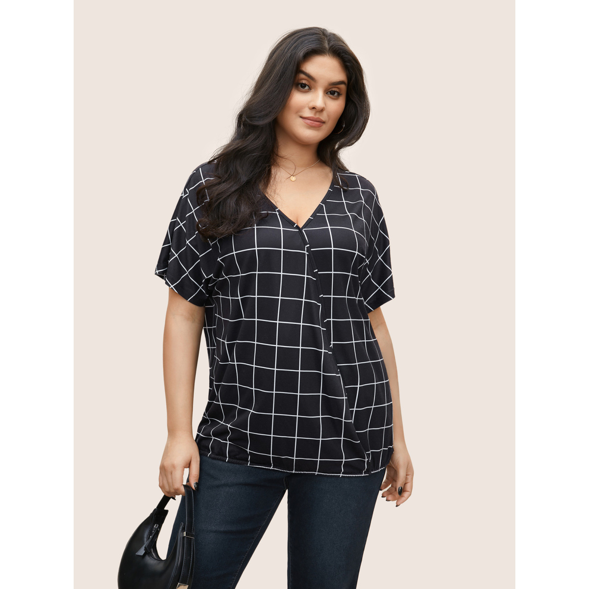 

Plus Size Plaid Surplice Neck Batwing Sleeve T-shirt Black Women Work From Home Overlapping Plaid Overlap Collar Work T-shirts BloomChic