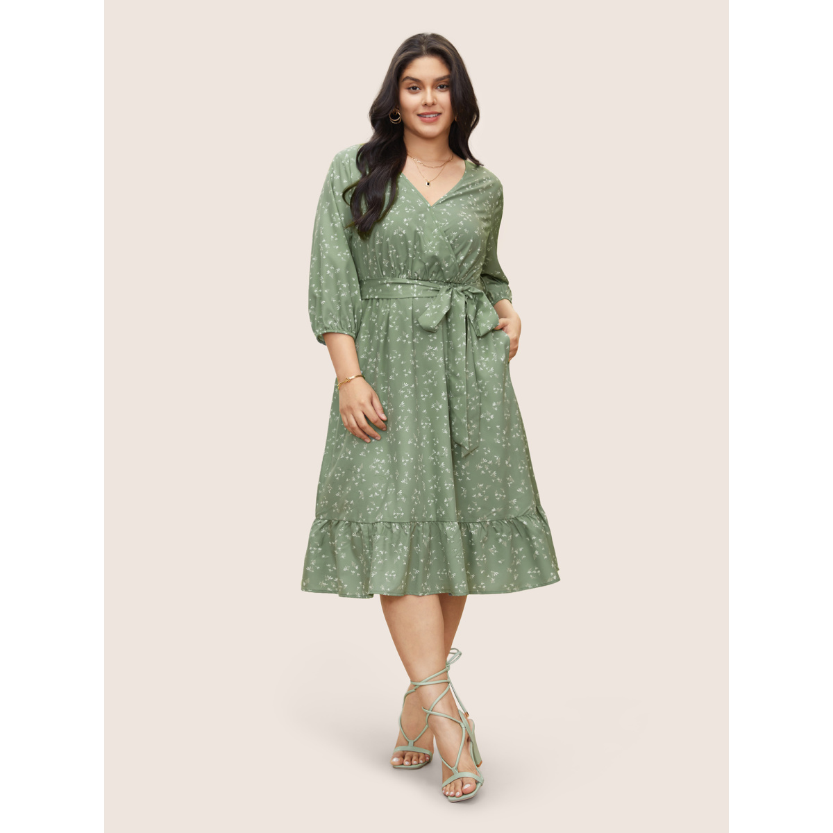 

Plus Size Ditsy Floral Belted Surplice Neck Gathered Dress Mint Women Non Curvy Midi Dress BloomChic