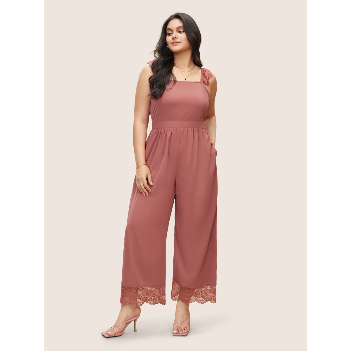 

Plus Size Russet Solid Pocket Lace Panel Ruffles Pleated Cami Jumpsuit Women Elegant Non Everyday Loose Jumpsuits BloomChic