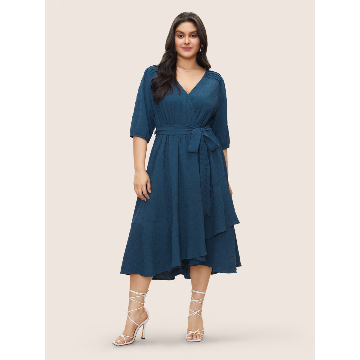 

Plus Size Plisse Overlap Collar Belted Pleated Detail Dress Aegean Women Non Curvy Midi Dress BloomChic