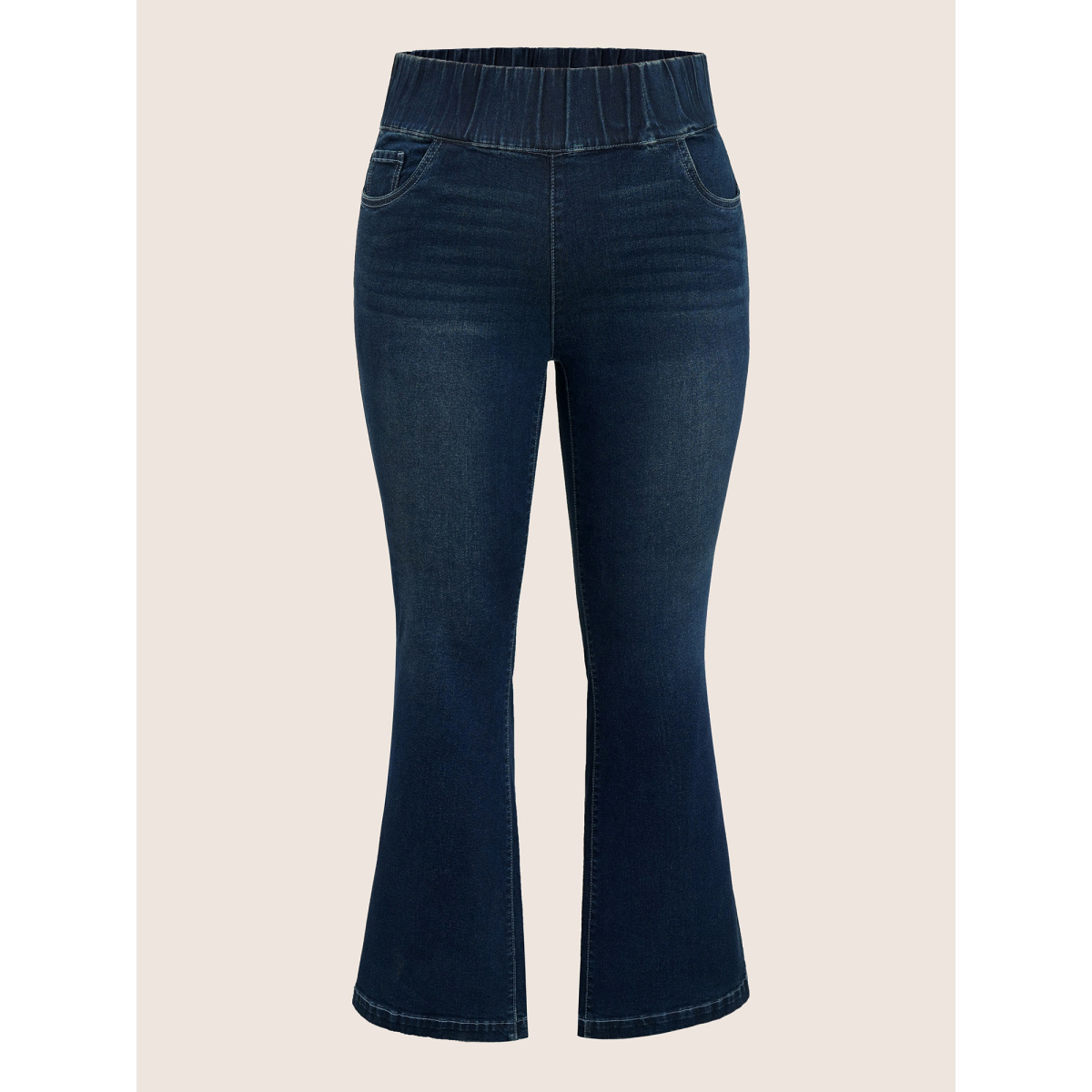 

Plus Size Elastic Waist Flare Leg Dark Wash Jeans Women Indigo Casual Plain Non High stretch Slanted pocket Jeans BloomChic