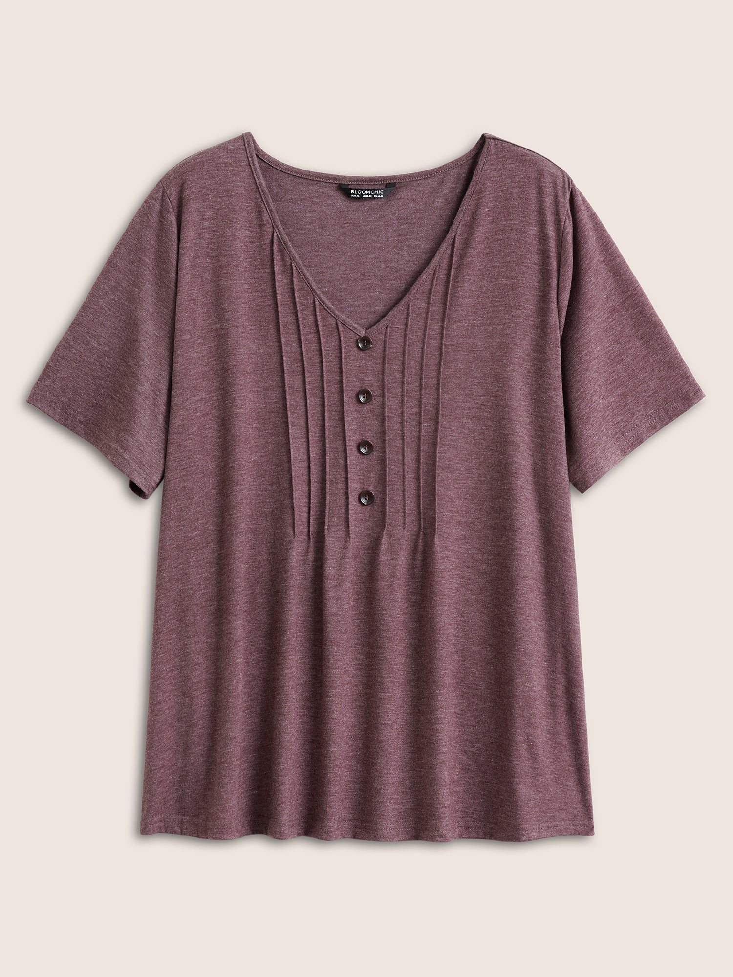 

Plus Size Solid Pleated Front Button Detail V Neck T-shirt Mauve Women Casual Button Plain V-neck Everyday T-shirts BloomChic