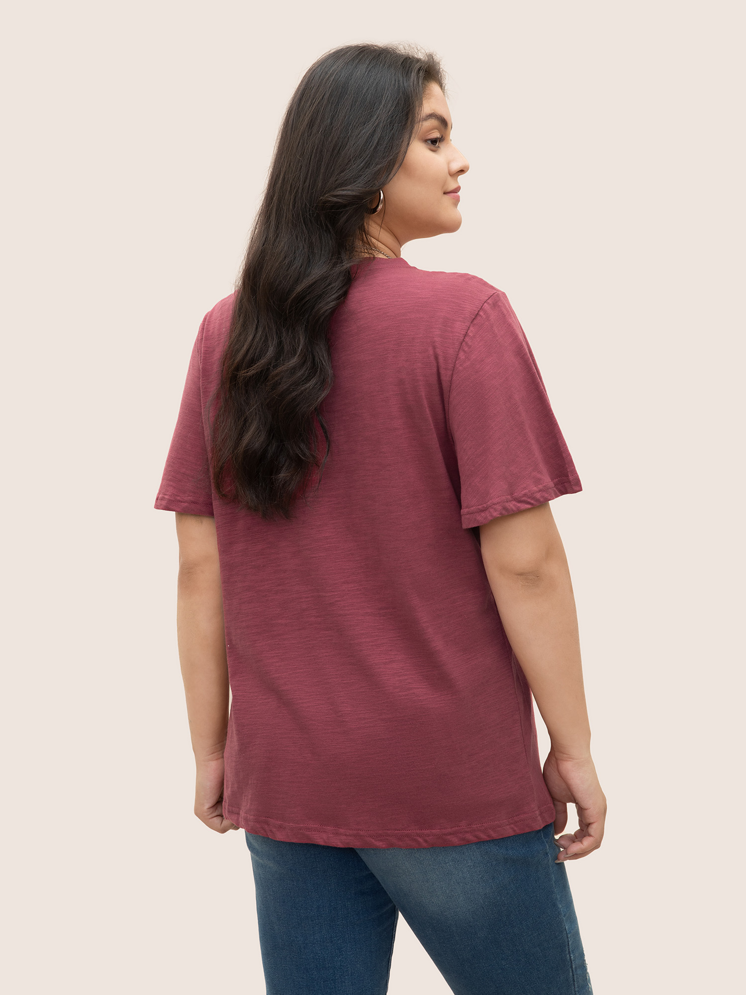 

Plus Size Plain Ruffle Sleeve Heather V Neck T-shirt Burgundy Women Casual Plain V-neck Everyday T-shirts BloomChic