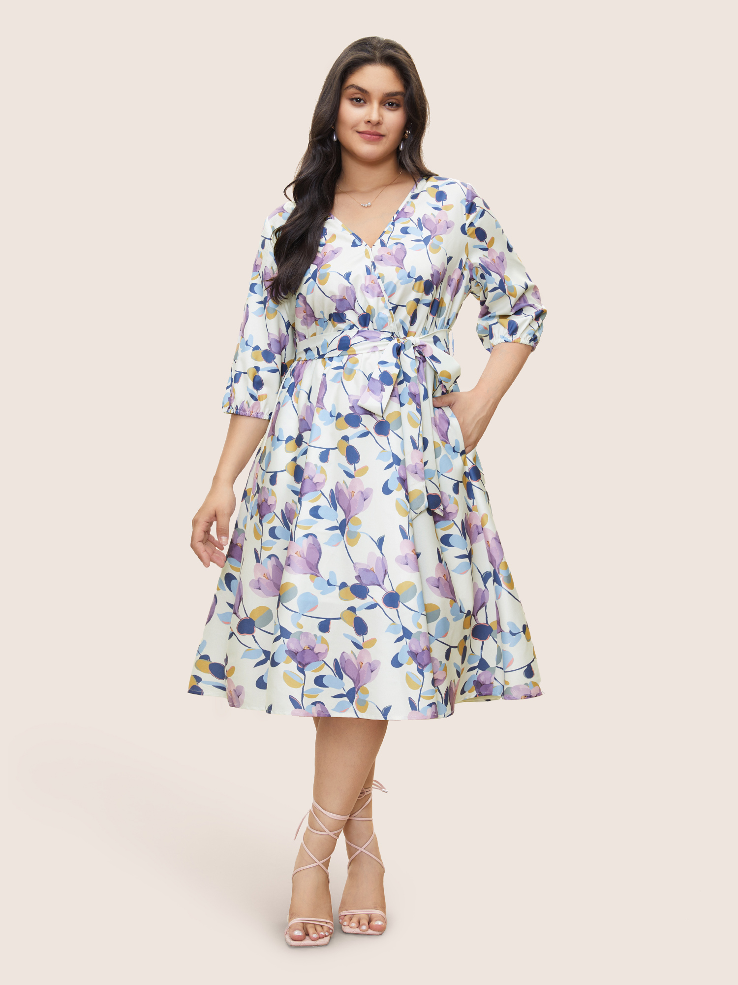 

Plus Size Floral Print Shirred Overlap Collar Belted Dress Ivory Women Non Curvy Midi Dress BloomChic