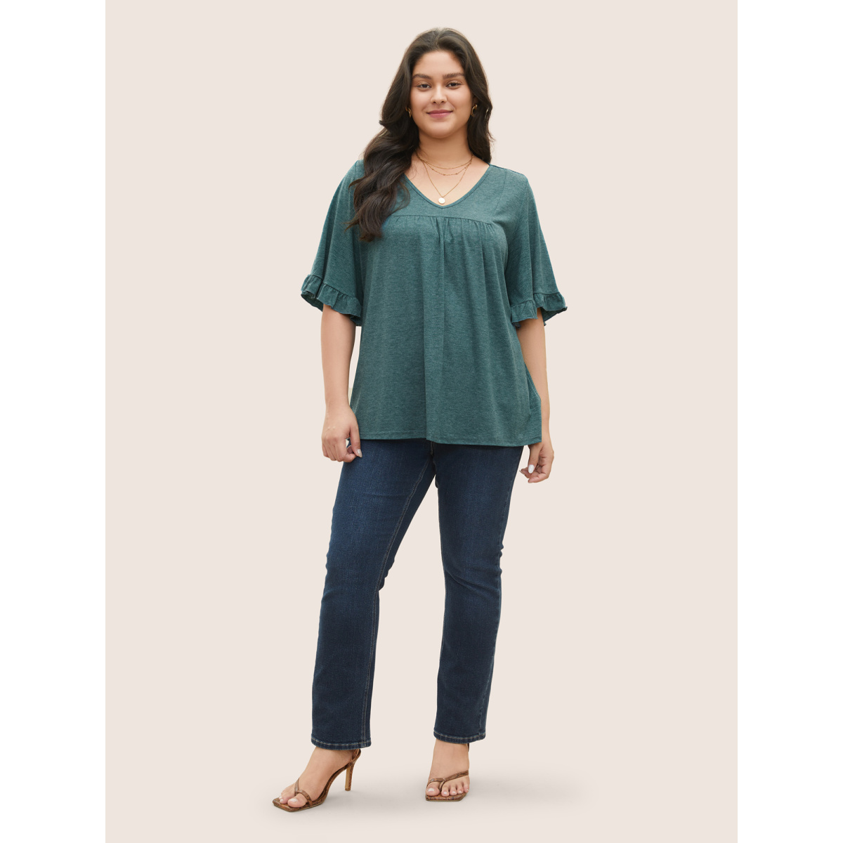 

Plus Size Solid Gathered Ruffle Trim Flounce Sleeve T-shirt DarkGreen Women Elegant Tiered Plain V-neck Everyday T-shirts BloomChic