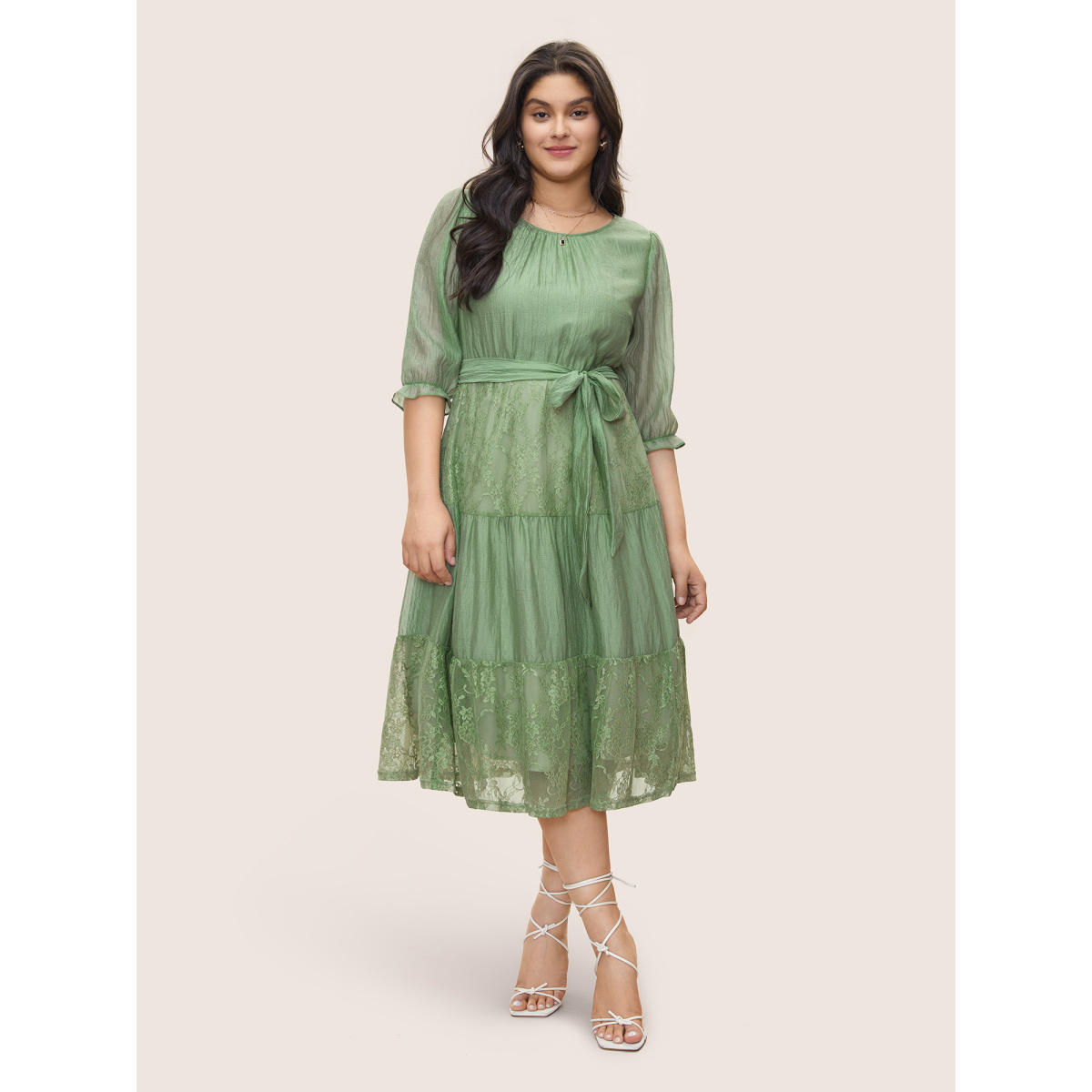 

Plus Size Tiered Lace Patchwork Belted Gathered Dress Sage Women Non Curvy Midi Dress BloomChic