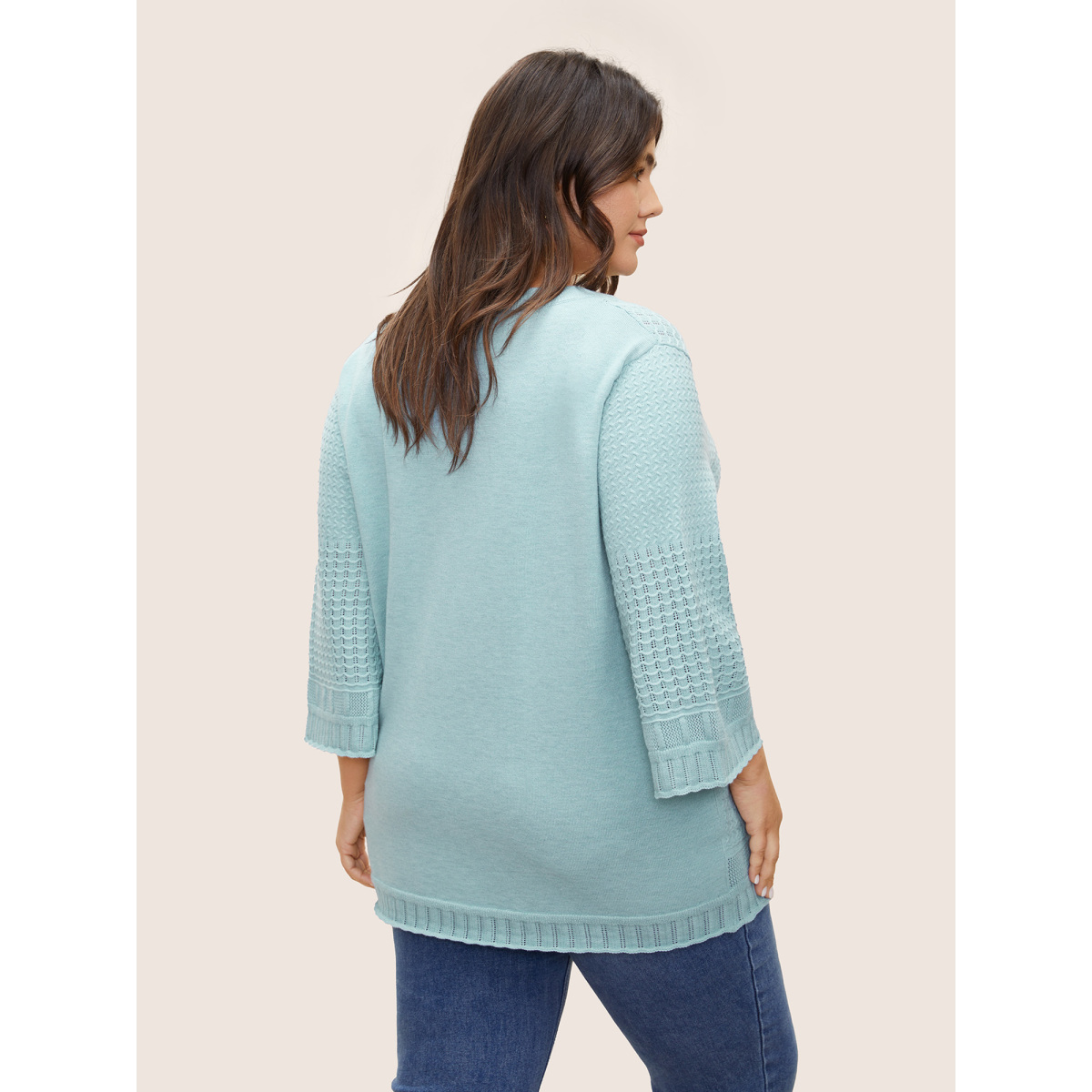 

Plus Size Jacquard Hollow Out Crew Neck Bell Sleeve Pullover LightBlue Women Casual Elbow-length sleeve Round Neck Everyday Pullovers BloomChic