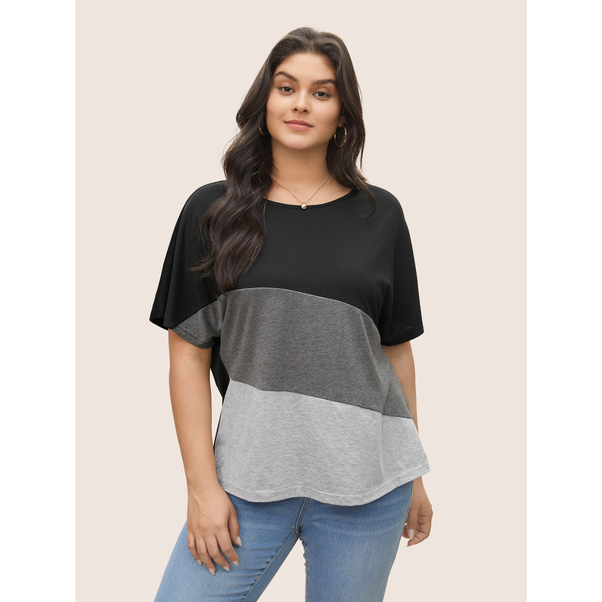 

Plus Size Colorblock Contrast Crew Neck Batwing Sleeve T-shirt Black Women Casual Contrast Colorblock Round Neck Everyday T-shirts BloomChic