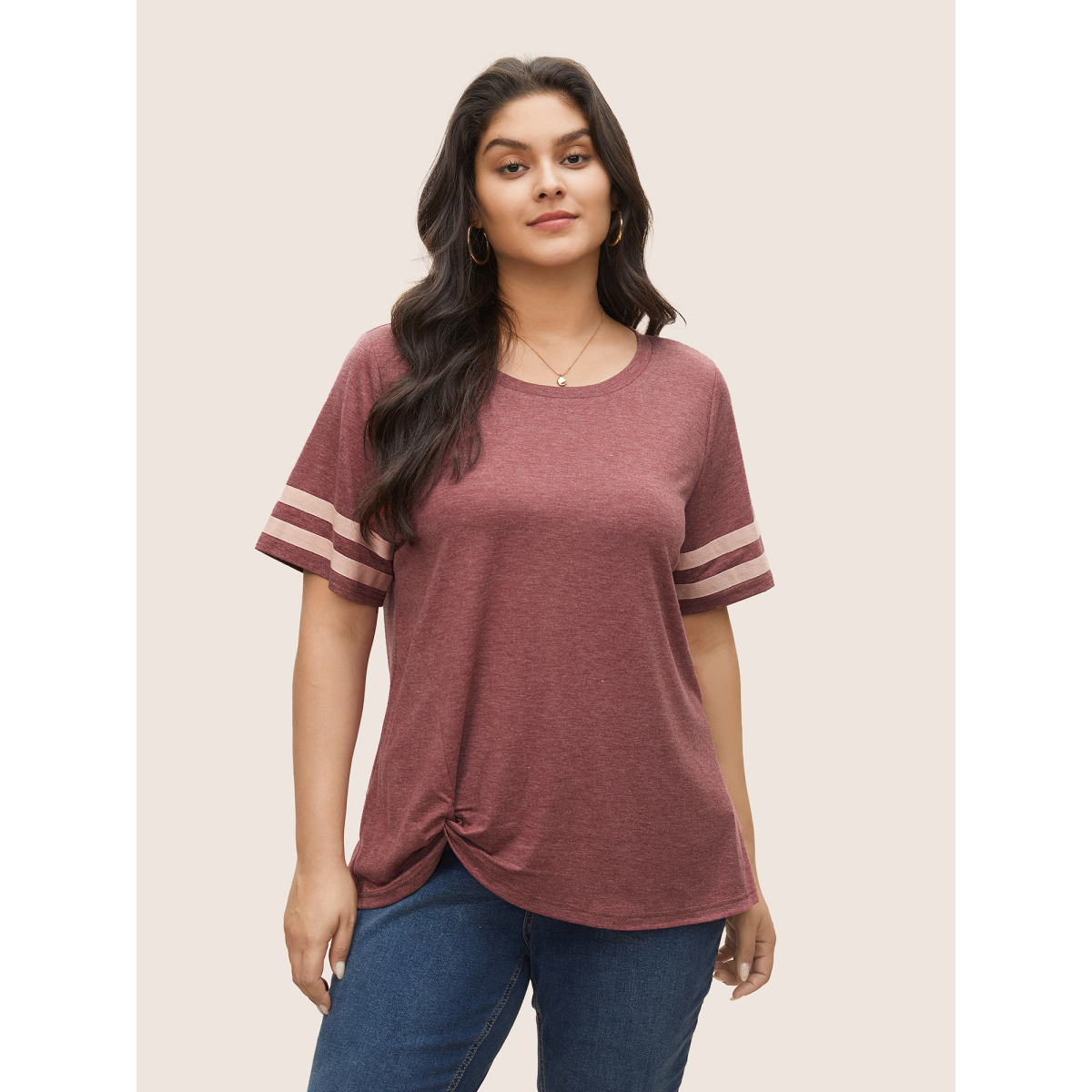 

Plus Size Contrast Striped Twist Front T-shirt Scarlet Women Casual Woven ribbon&lace trim Plain Round Neck Everyday T-shirts BloomChic