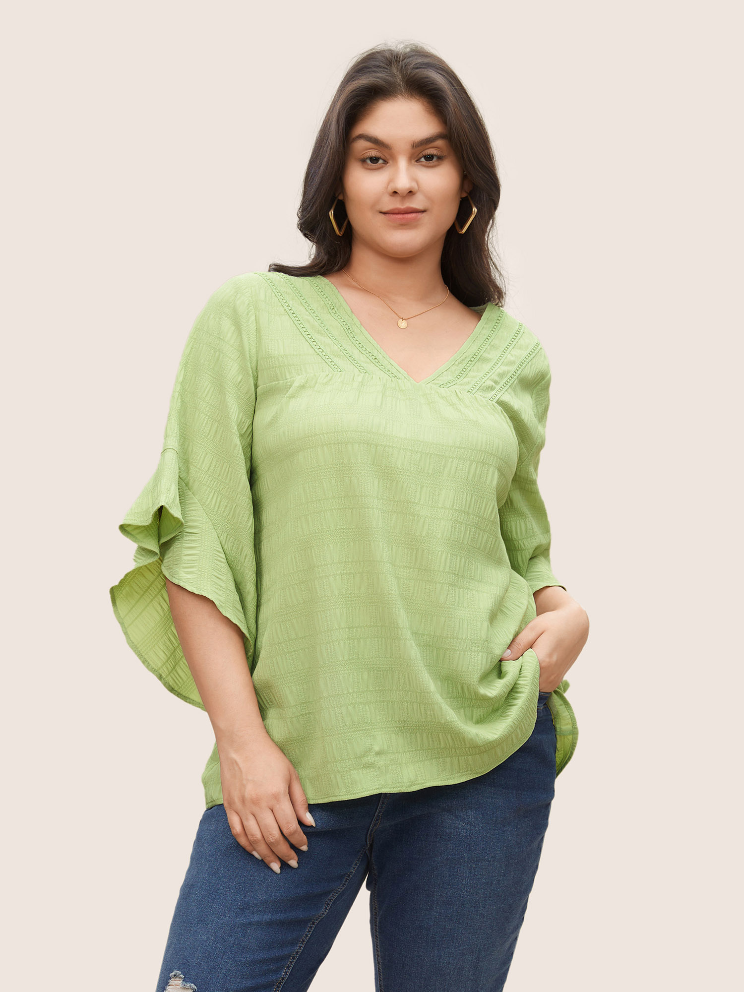 

Plus Size Mint Solid Textured Gathered Ruffle Sleeve Blouse Women Casual Elbow-length sleeve V-neck Everyday Blouses BloomChic