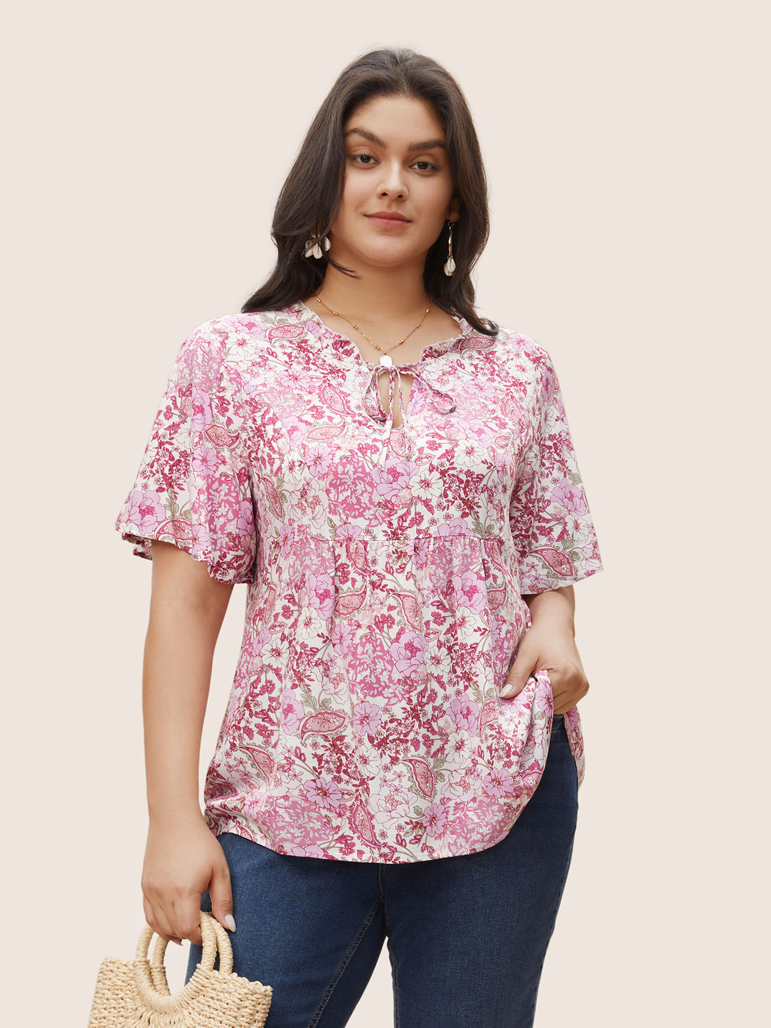 

Plus Size Lilac Ditsy Floral Gathered Tie Neck Blouse Women Resort Notched collar Vacation Blouses BloomChic