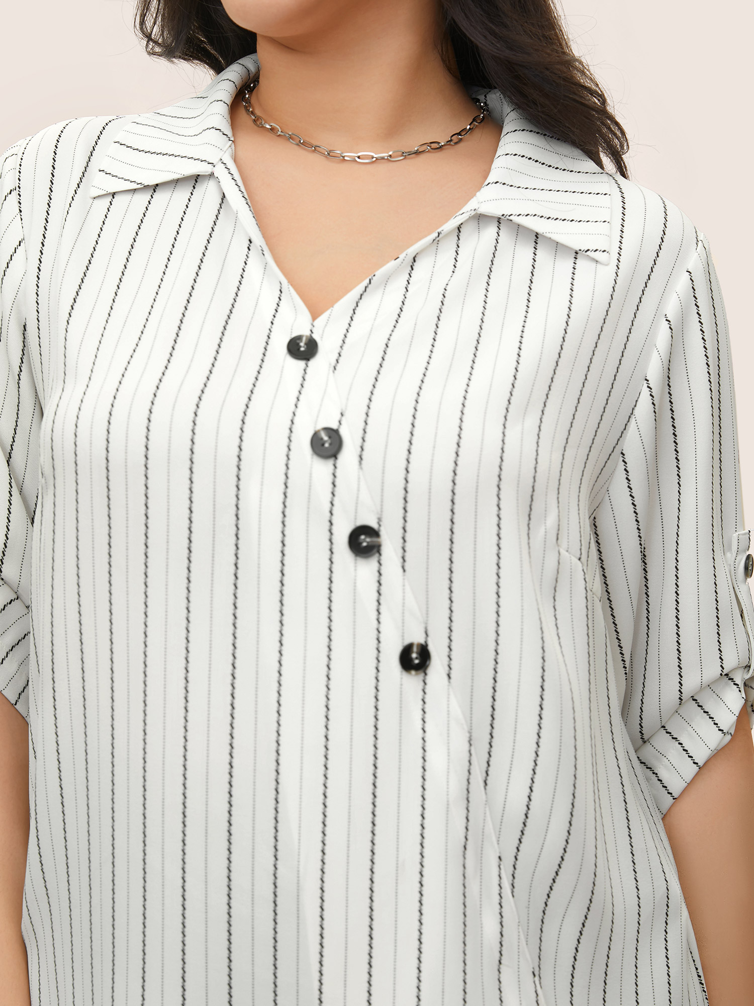 

Plus Size White Striped Button Detail Asymmetrical Hem Blouse Women At the Office Elbow-length sleeve Shirt collar Work Blouses BloomChic