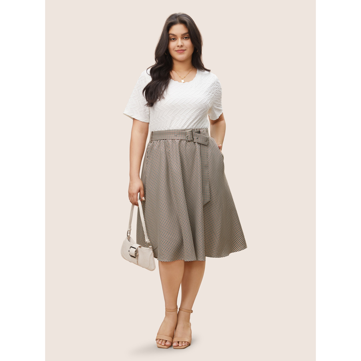 

Plus Size Gingham Buckle Detail Pocket Belted Skirt Women LightBrown At the Office Non No stretch Slanted pocket Belt Work Skirts BloomChic