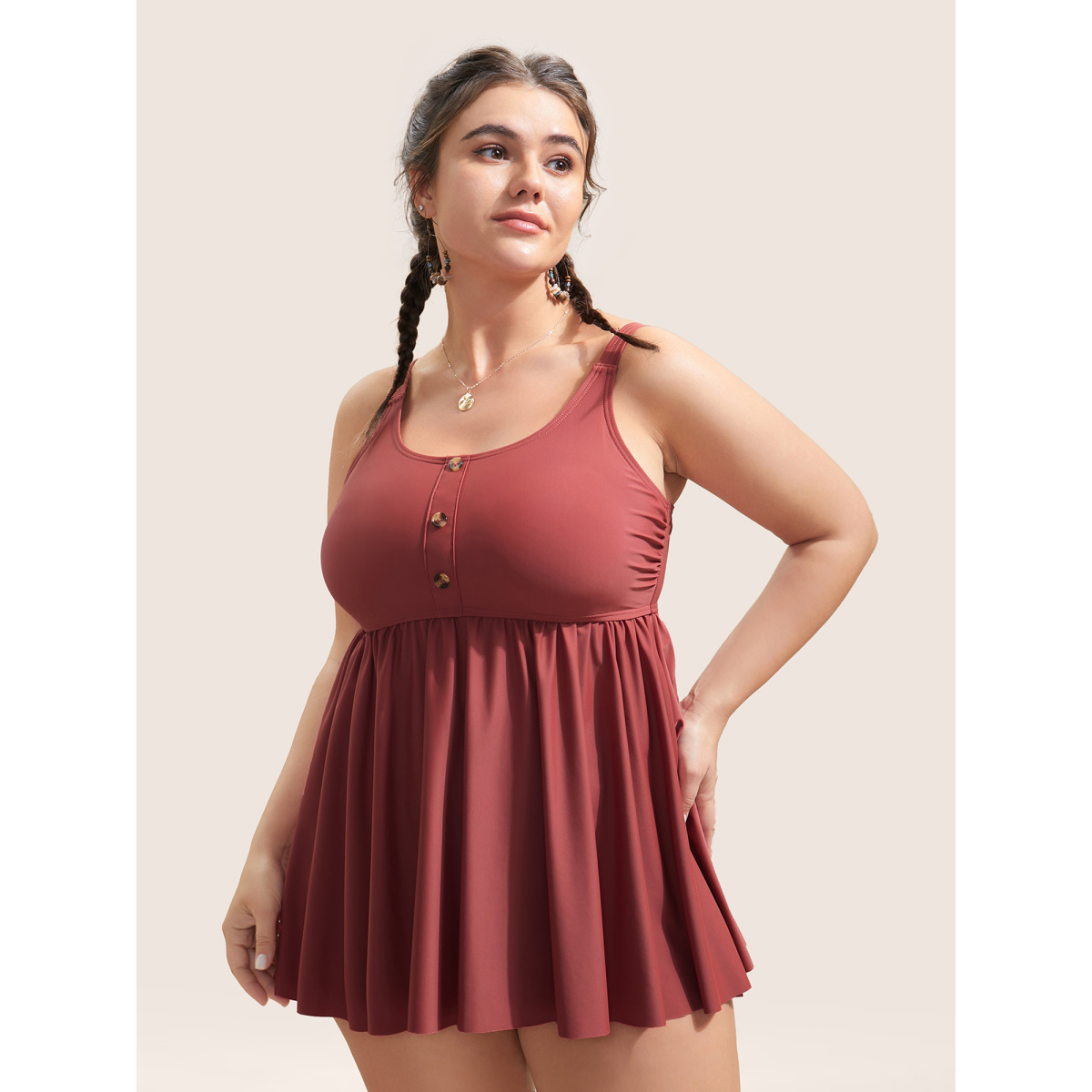 

Plus Size Plain Gathered Button Detail Swim Top Women's Swimwear Rust Beach Non High stretch Bodycon U-neck Curve Swim Tops BloomChic