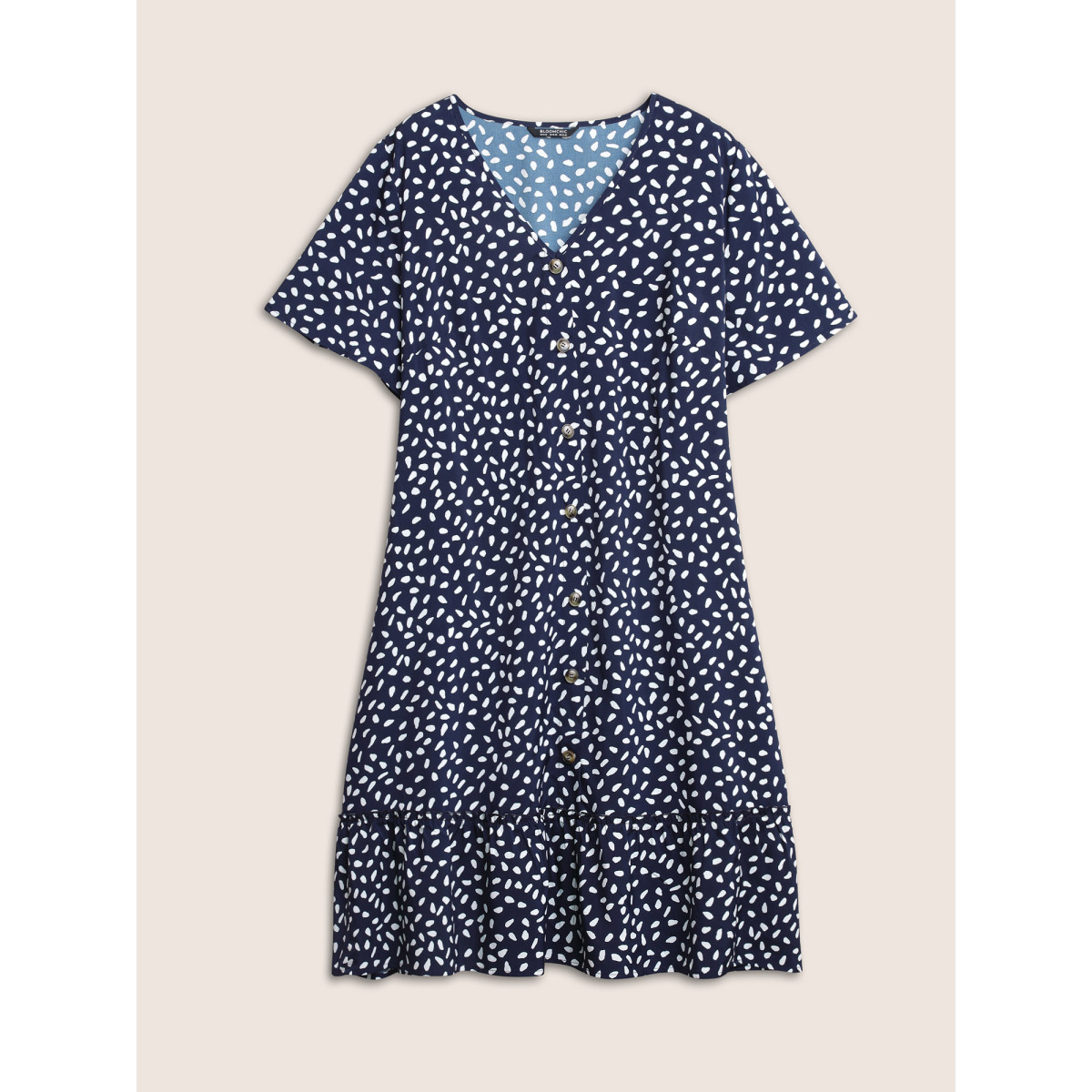 

Plus Size Polka Dot Button Detail Flutter Layered Hem Dress DarkBlue Women Non V-neck Short sleeve Curvy Midi Dress BloomChic