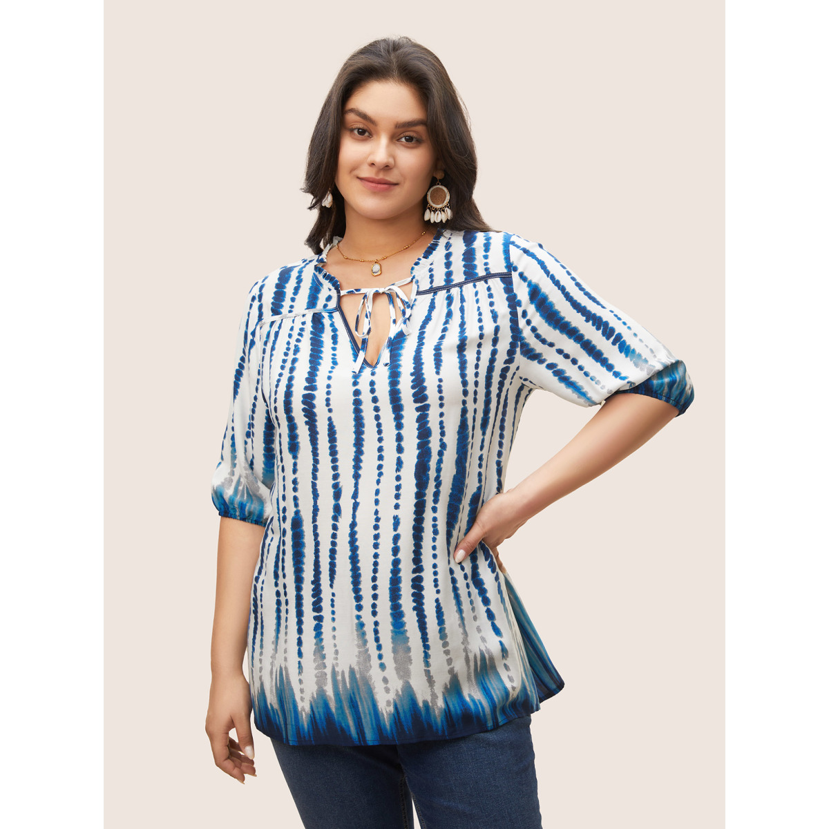 

Plus Size DarkBlue Tie Dye Tie Neck Frill Trim Blouse Women Resort Notched collar Vacation Blouses BloomChic