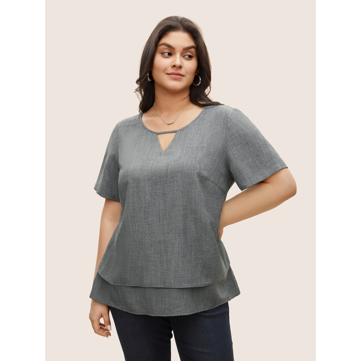 

Plus Size Gray Keyhole Ruffle Layered Hem Blouse Women At the Office Asymmetrical Neck Work Blouses BloomChic