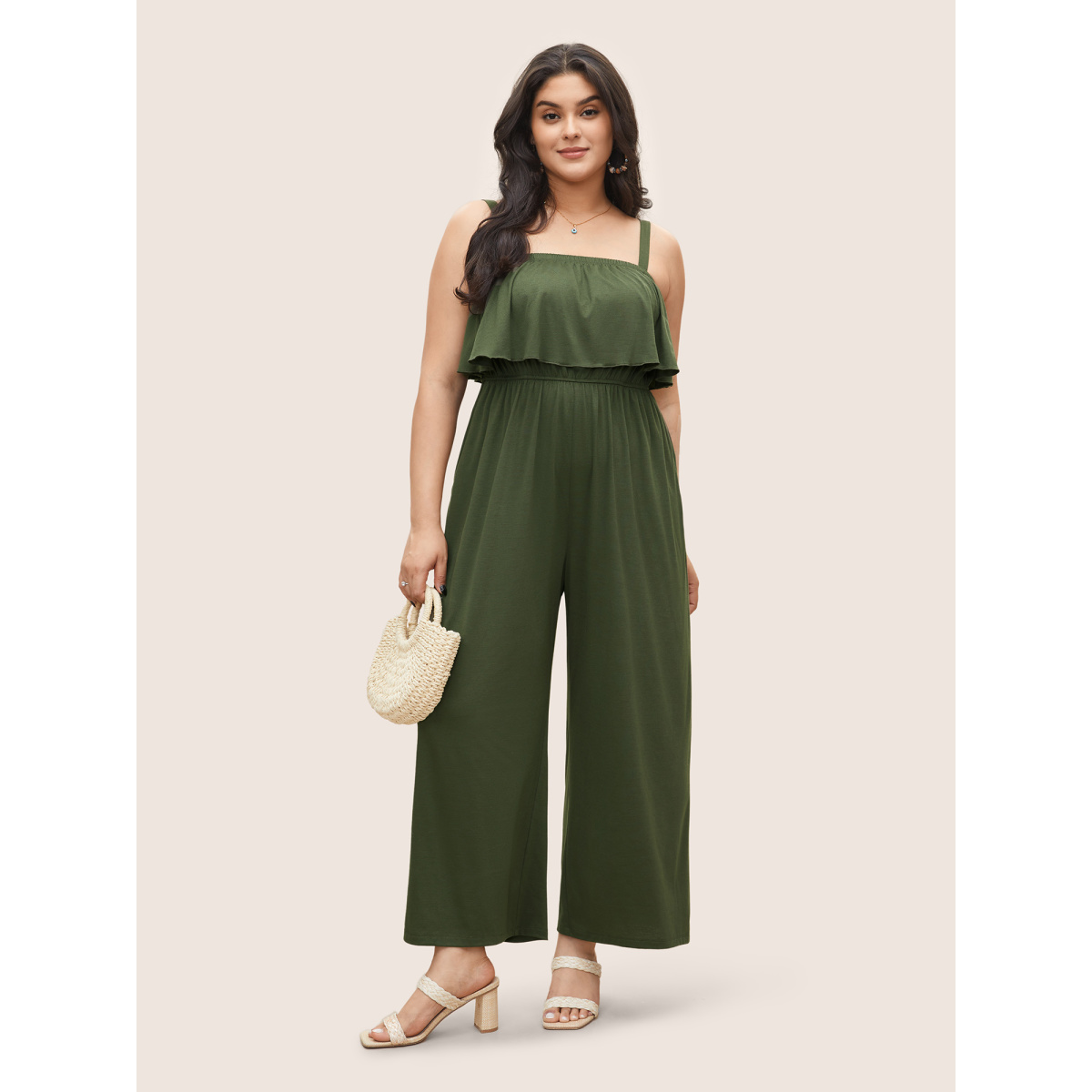 

Plus Size ArmyGreen Supersoft Essentials Flutter Layered Pocket Cami Jumpsuit Women Resort Non Vacation Loose Jumpsuits BloomChic