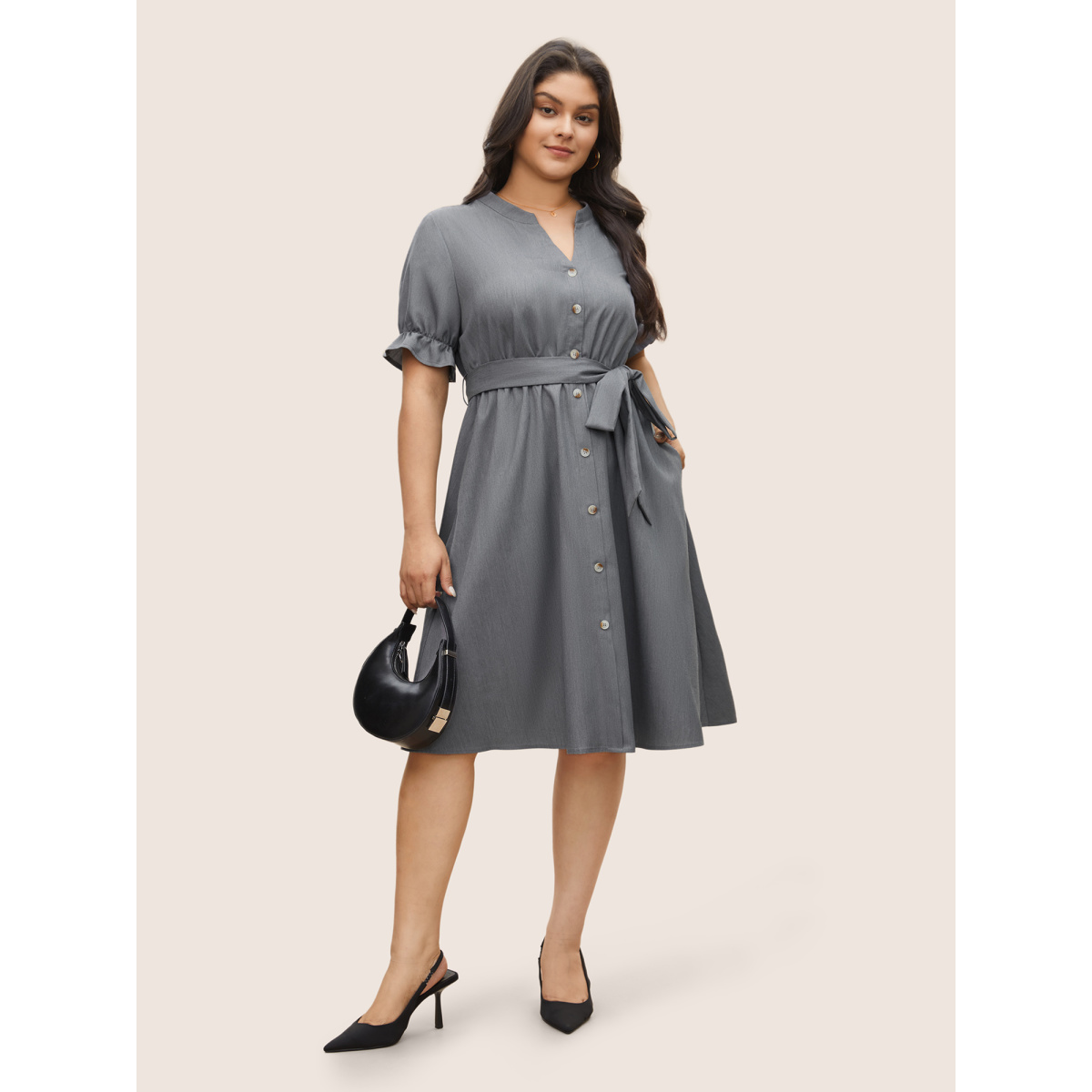 

Plus Size Notched Button Detail Elastic Waist Belted Dress Gray Women Non Curvy Midi Dress BloomChic