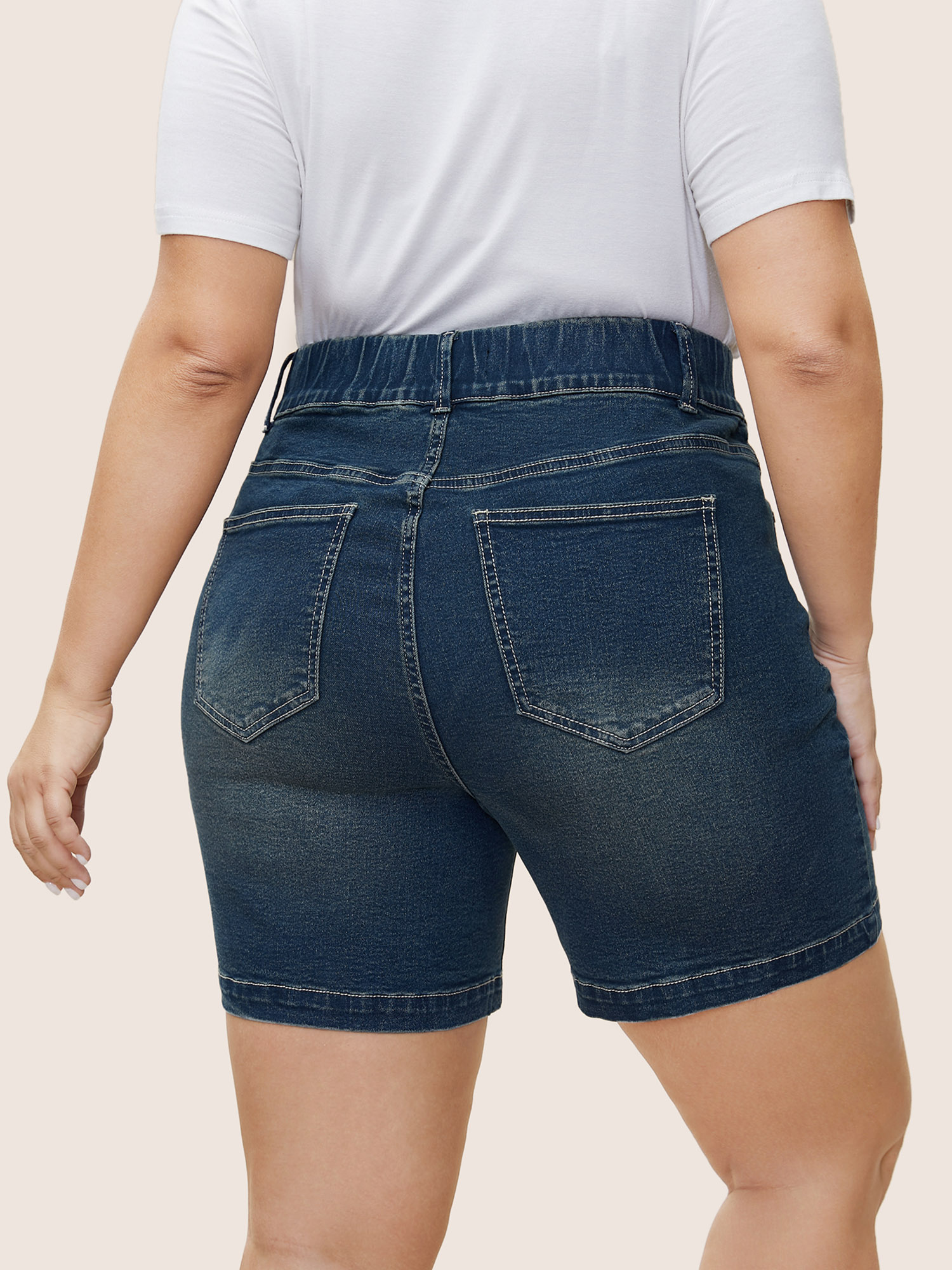 

Plus Size Straight Leg Pocket Elastic Waist Denim Shorts Women Aegean Non High stretch Everyday Slanted pocket Casual Denim Shorts BloomChic