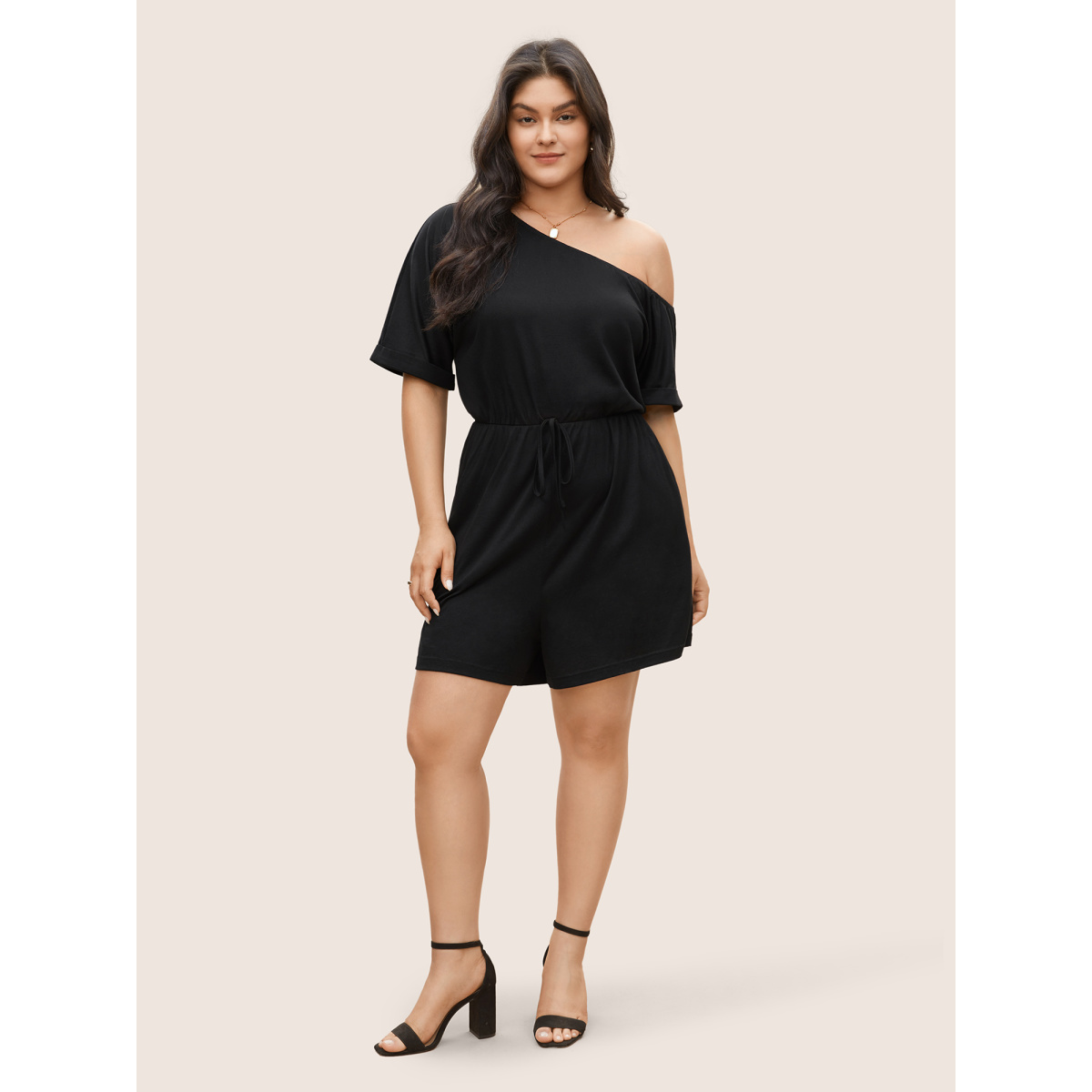 

Plus Size Plain One Shoulder Cuffed Sleeve Ties Romper Black Plain Side seam pocket Casual Everyday  Rompers Bloomchic