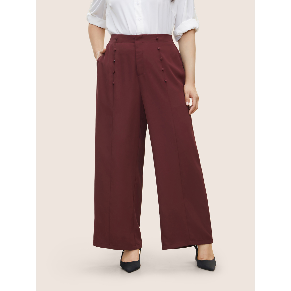 

Plus Size Plain Button Detail Straight Leg Pants Women Burgundy Casual Straight Leg High Rise Everyday Pants BloomChic