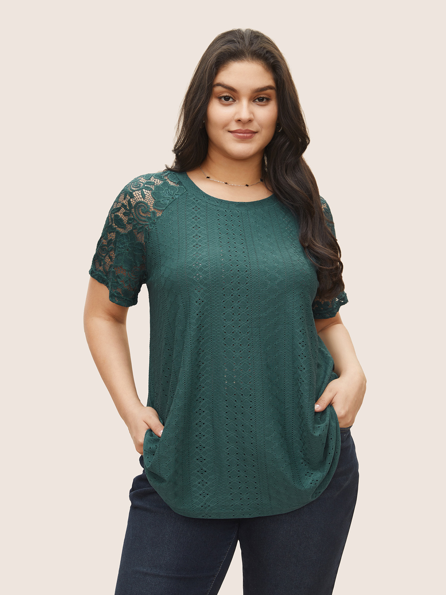 

Plus Size Solid Broderie Anglaise Lace Raglan Sleeve T-shirt Cyan Women Elegant See through Plain Round Neck Everyday T-shirts BloomChic