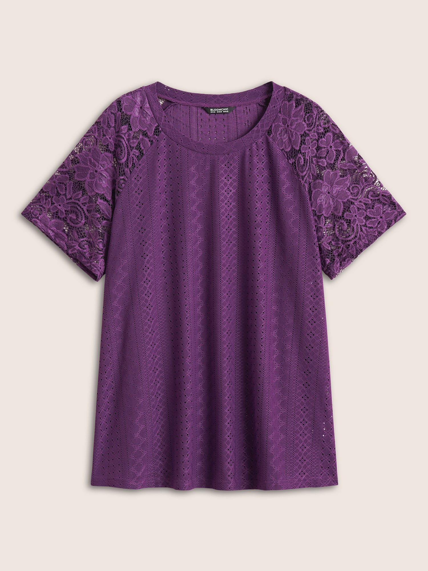 

Plus Size Solid Broderie Anglaise Lace Raglan Sleeve T-shirt Purple Women Elegant See through Plain Round Neck Everyday T-shirts BloomChic