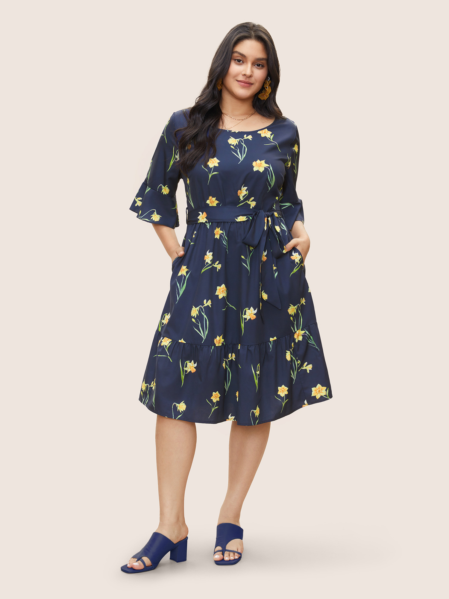 

Plus Size Floral Print Belted Gathered Bell Sleeve Dress DarkBlue Women Non Curvy Midi Dress BloomChic