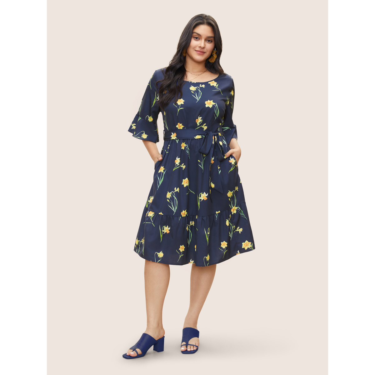 

Plus Size Floral Print Belted Gathered Bell Sleeve Dress DarkBlue Women Non Curvy Midi Dress BloomChic