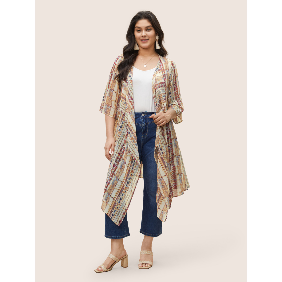 

Plus Size Bandana Striped Print Bell Sleeve Tunic Kimono Women LightBrown Resort See through Vacation Kimonos BloomChic