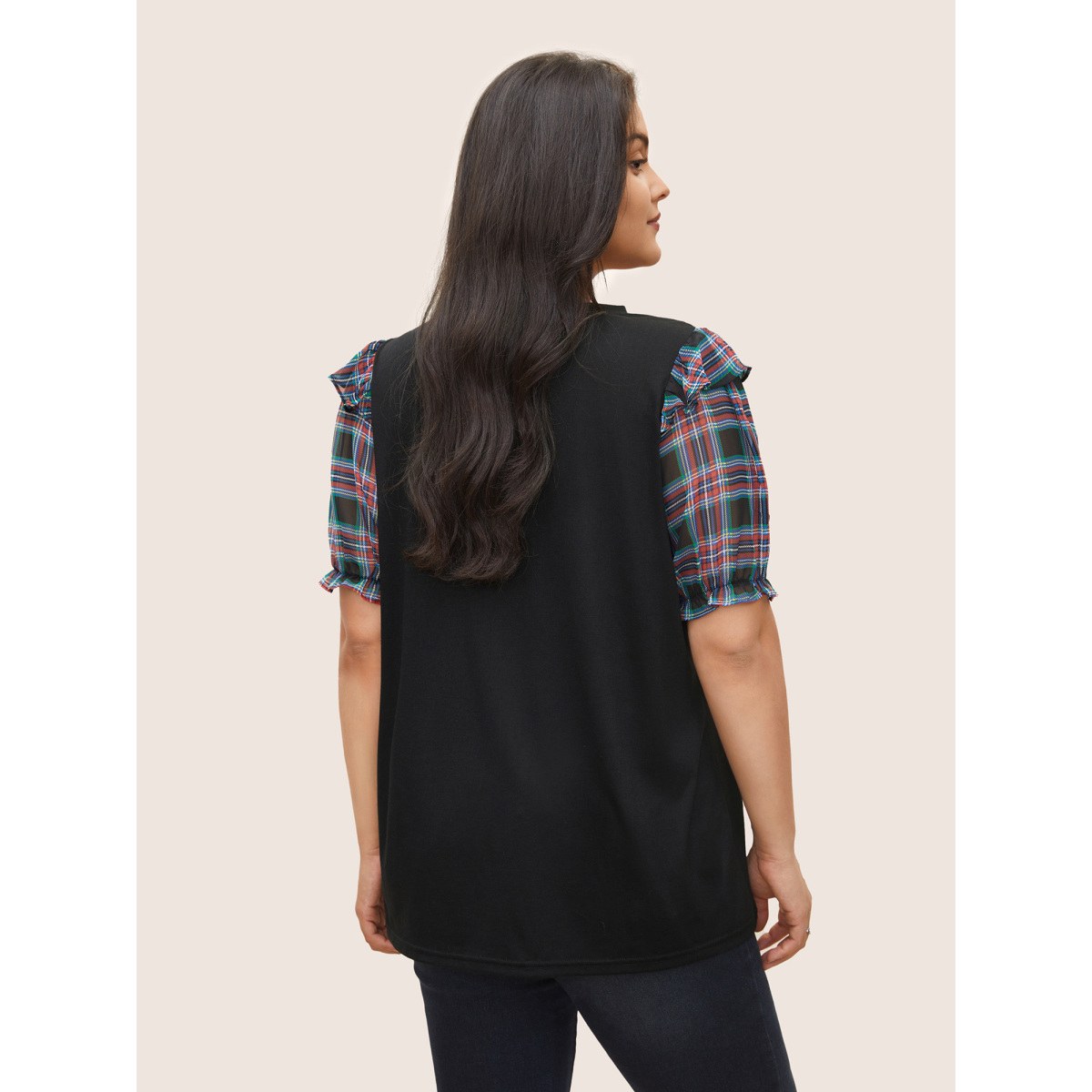 

Plus Size Plaid Patchwork Flounce Lantern Sleeve T-shirt Black Women Elegant Frill Trim Gingham Round Neck Everyday T-shirts BloomChic