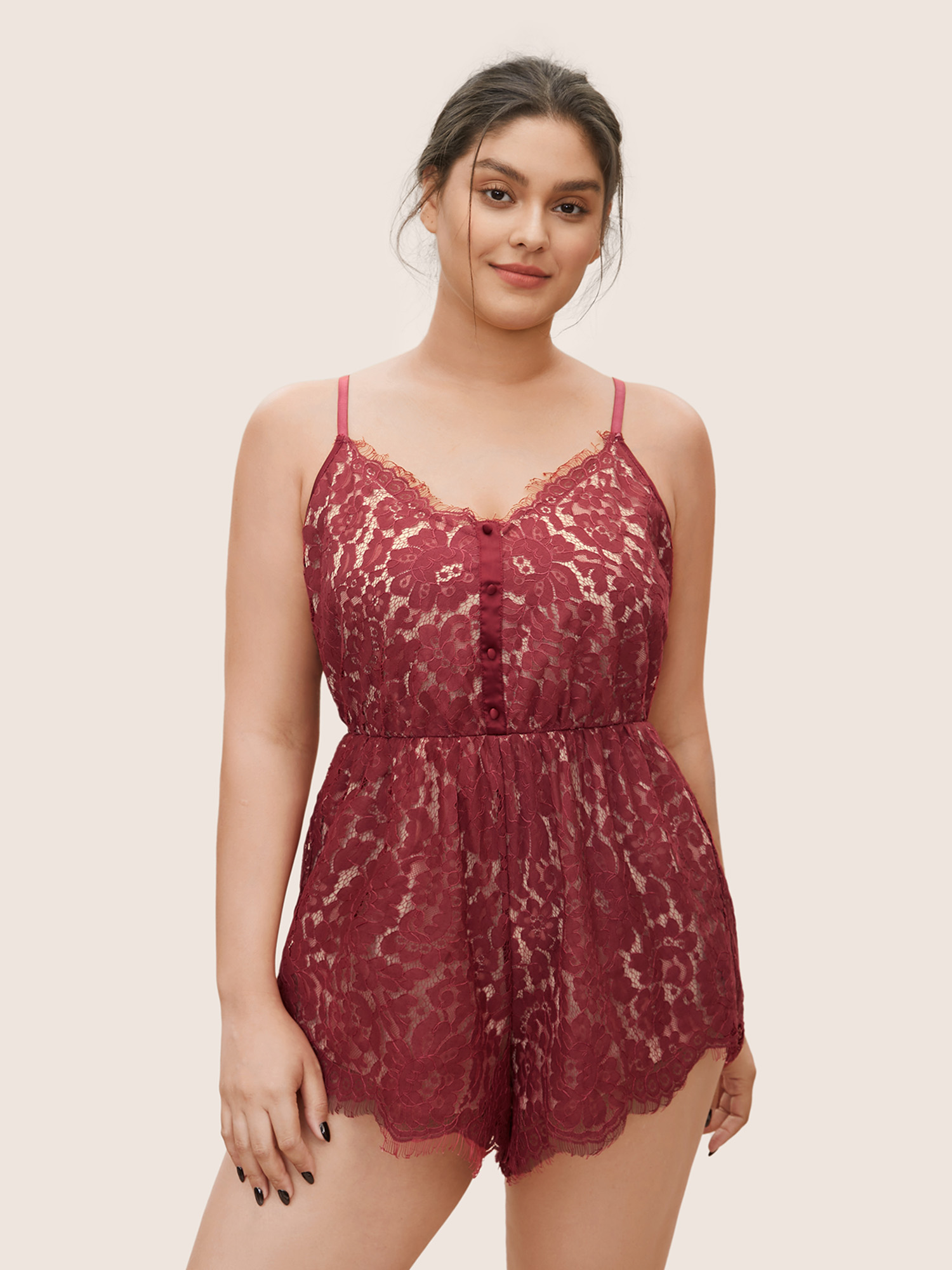 

Plus Size Eyelet Lace Scalloped Trim Cami Sleep Jumpsuit Burgundy Non Everyday Lounge Sleep Jumpsuits/Rompers  Bloomchic