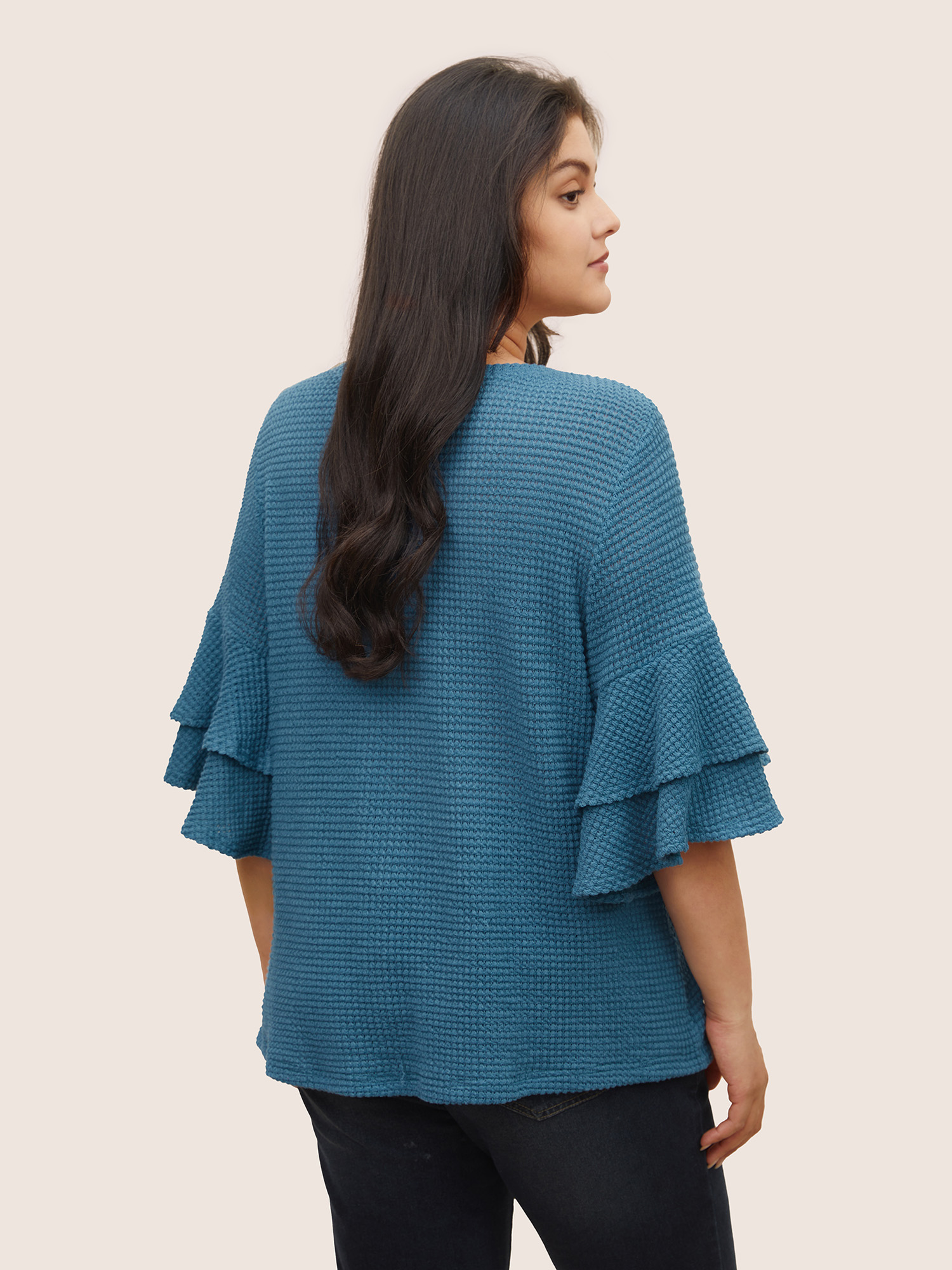 

Plus Size Solid Waffle Knit Tiered Flutter Sleeve T-shirt Cerulean Women Casual Non Plain Round Neck Everyday T-shirts BloomChic