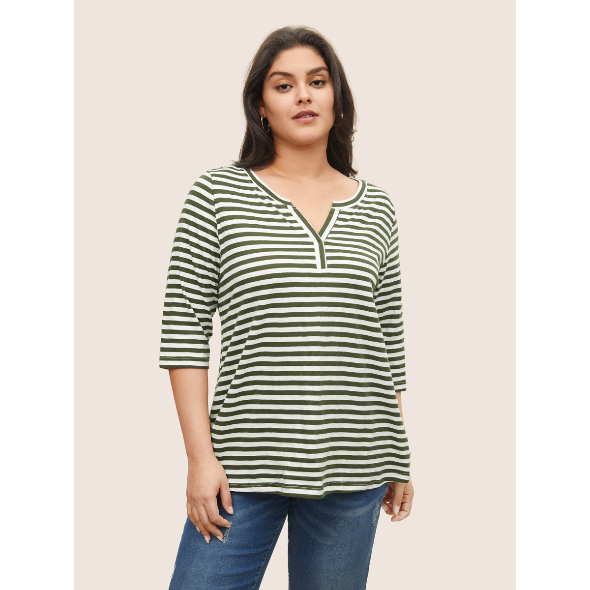 

Plus Size Striped Print Notched T-shirt ArmyGreen Women Casual Contrast Striped Notched collar Everyday T-shirts BloomChic