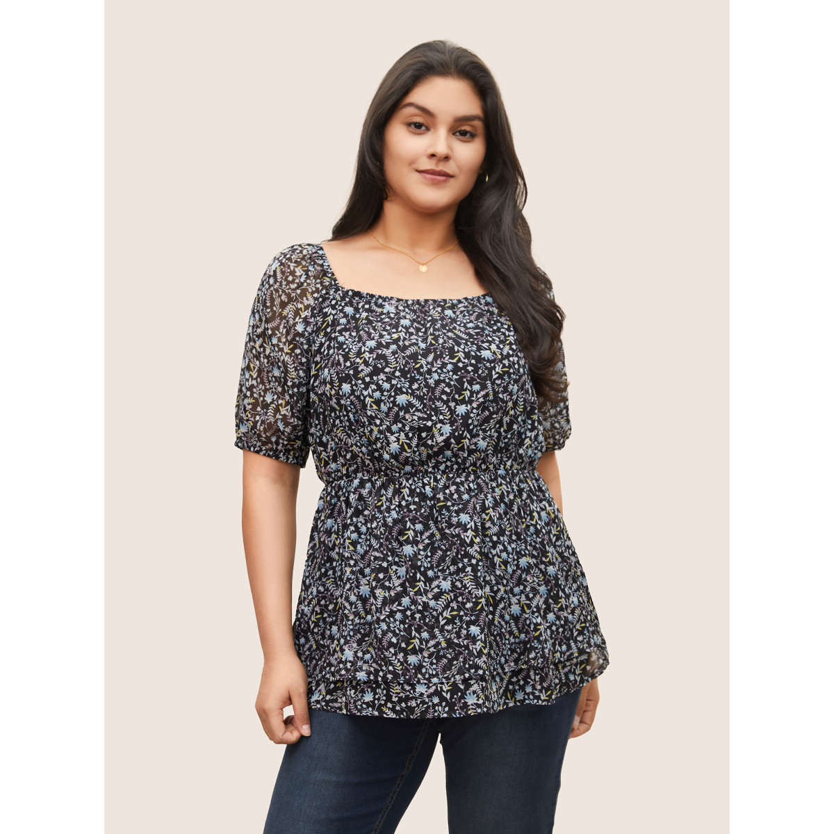 

Plus Size Indigo Ditsy Floral Mesh Square Neck Layered Hem Blouse Women Elegant Short sleeve Square Neck Everyday Blouses BloomChic