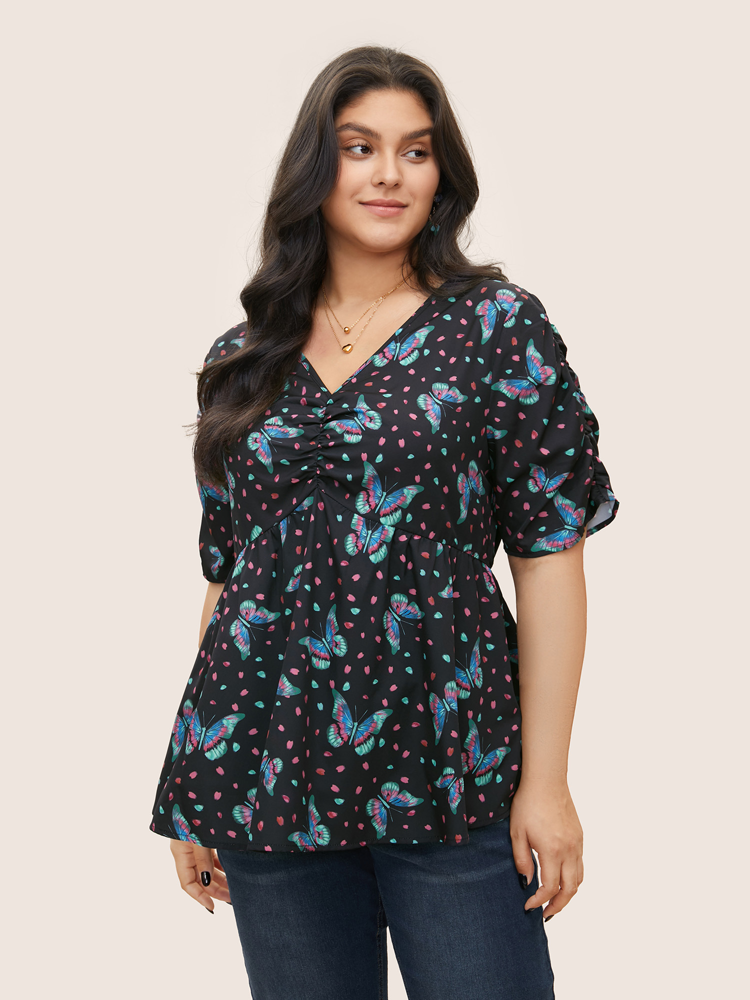 

Plus Size Blue Butterfly Print Ruched Elastic Waist Blouse Women Cocktail Short sleeve V-neck Party Blouses BloomChic