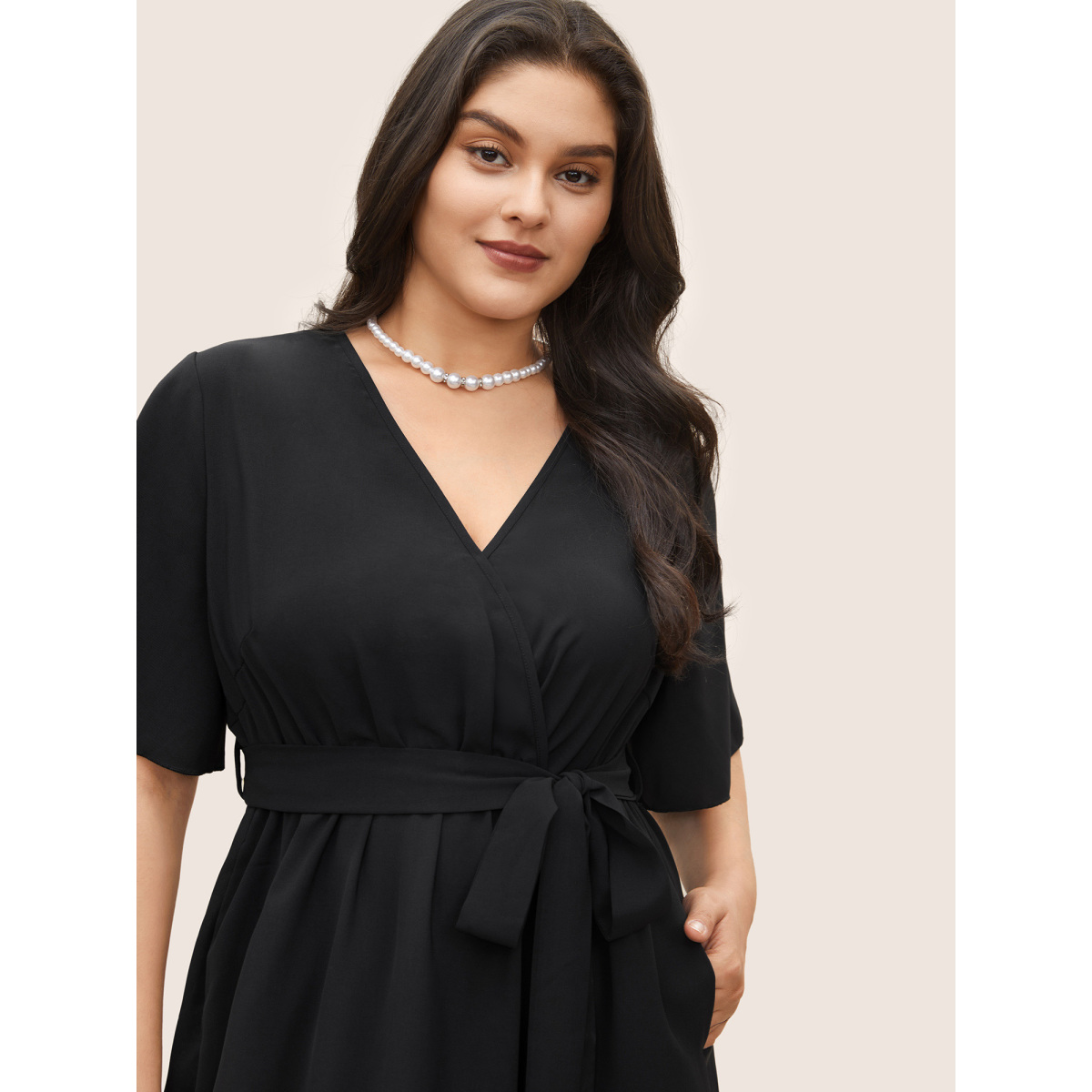 

Plus Size Bloom Dress - Solid Tie Surplice Ruffle High Low Dress Black Women Cross straps V-neck Short sleeve Curvy Midi Dress BloomChic