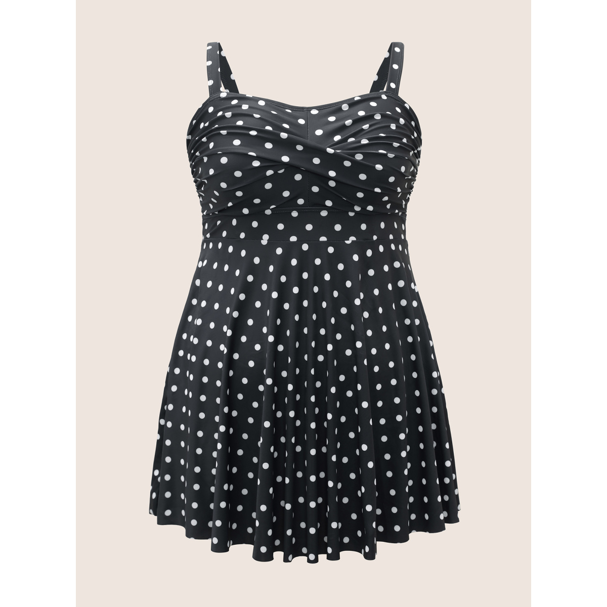 

Plus Size Polka Dot Crossover Ruched Flutter Hem Swim Dress Women's Swimwear Black Beach Bodycon Strapless High stretch Curve Swim Dresses BloomChic