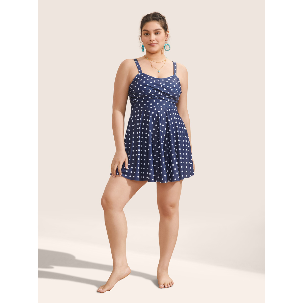 

Plus Size Polka Dot Crossover Ruched Flutter Hem Swim Dress Women's Swimwear Indigo Beach Bodycon Strapless High stretch Curve Swim Dresses BloomChic