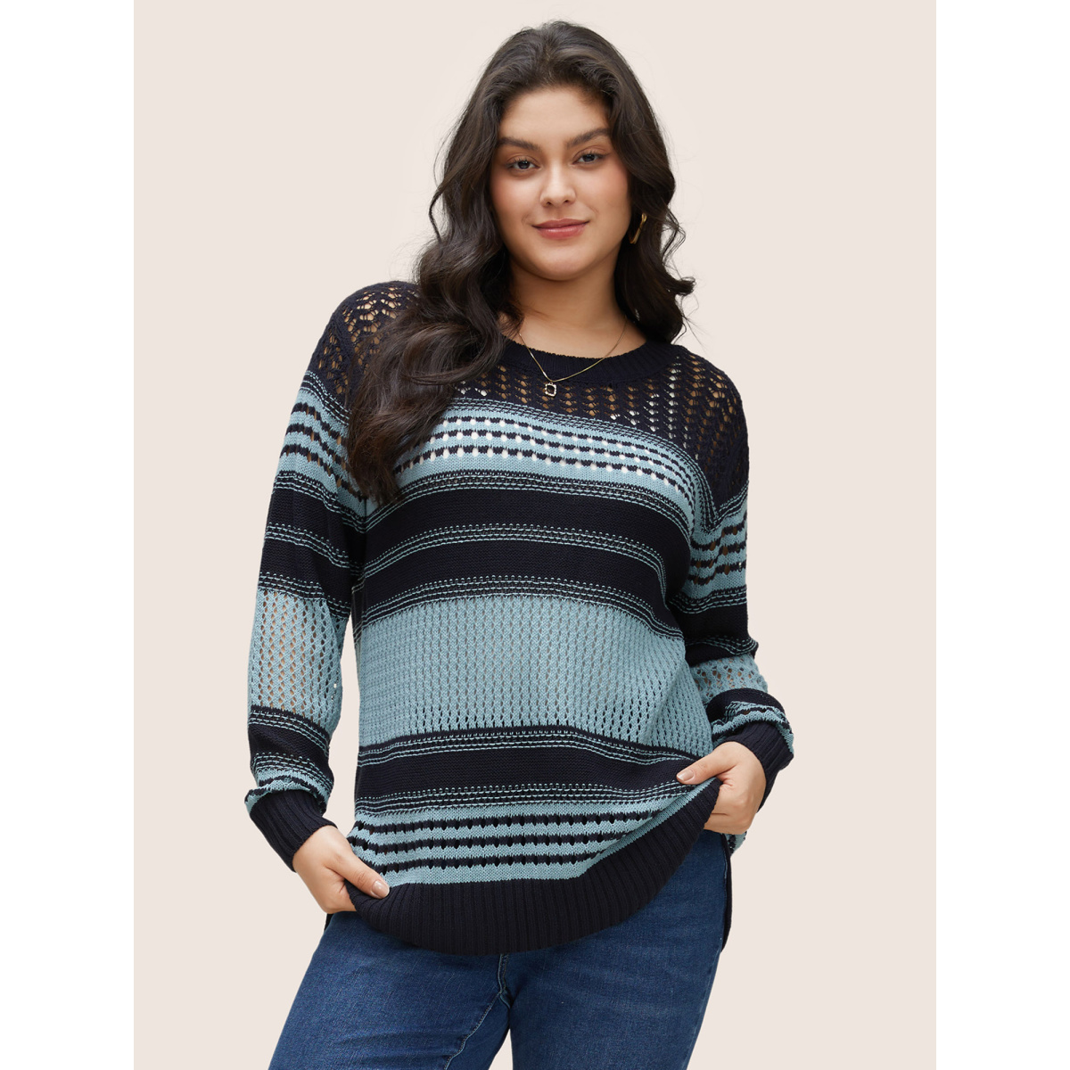 

Plus Size Striped Colorblock Patchwork Split Side Pullover LightBlue Long Sleeve Round Neck Casual Knit Tops  Bloomchic