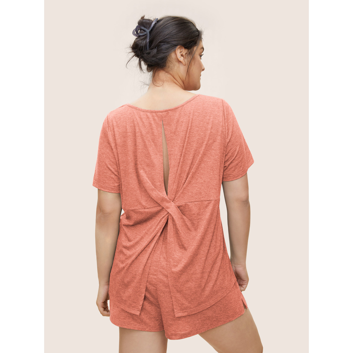 

Plus Size Solid Heather Cut Out Sleep Top Coral Plain Short sleeve Round Neck Everyday Lounge  Bloomchic